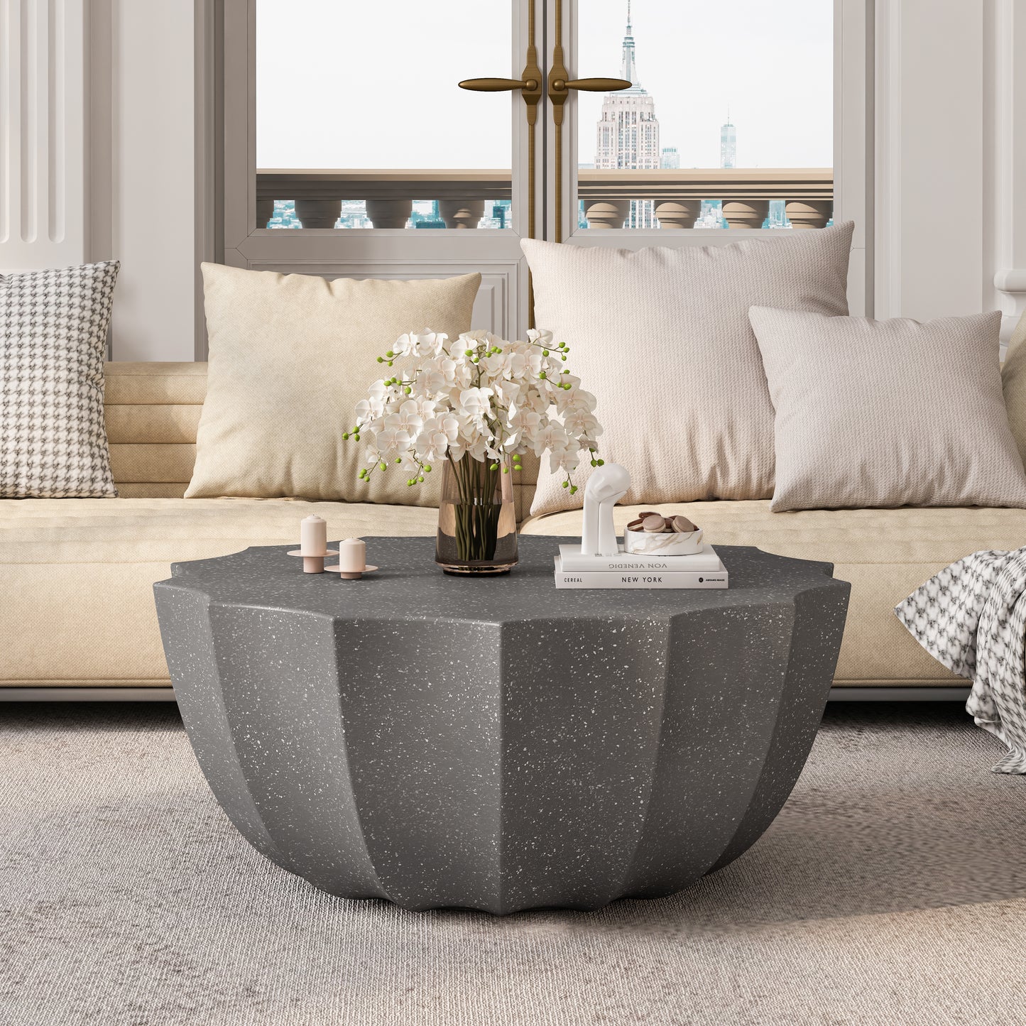 35.43" Modern Outdoor and Indoor Waterproof Coffee Table, Durable MgO Cement Design, Suitable for Terraces, Gardens, Backyards and Living Rooms ( Grey)