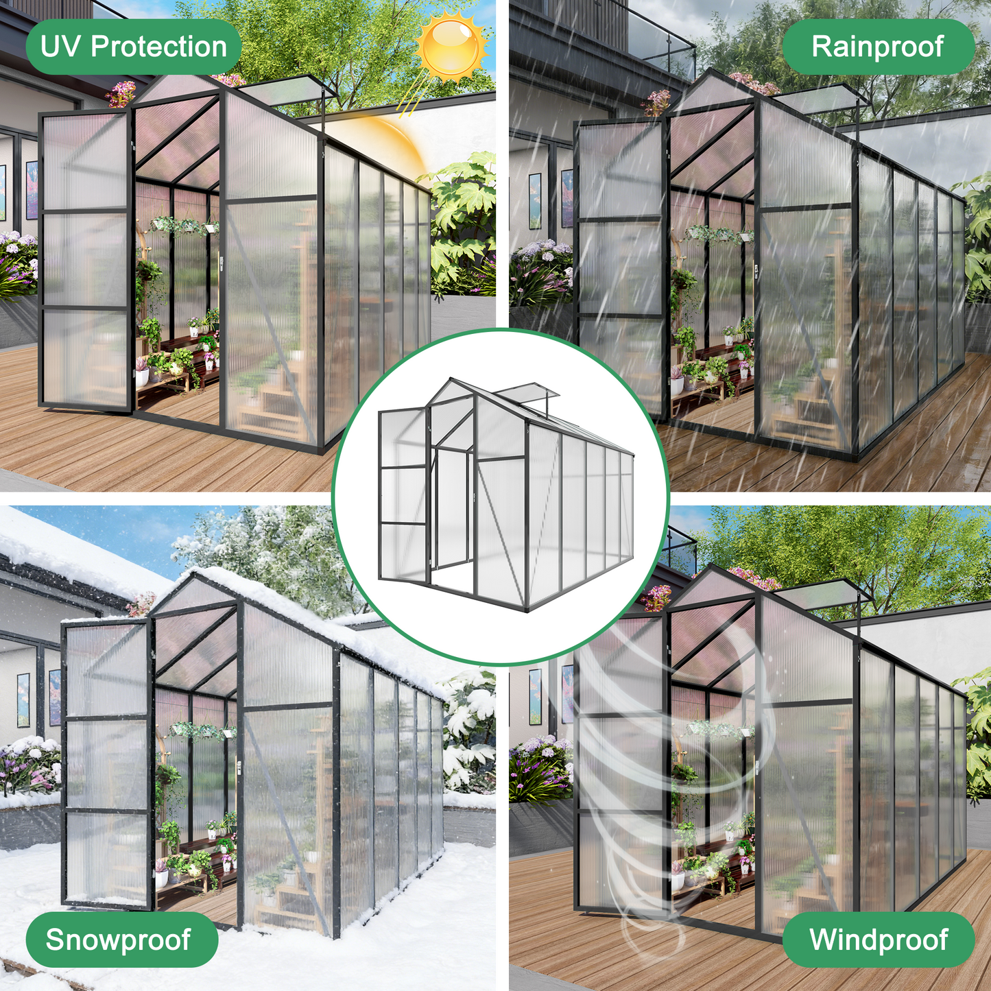 6x10FT Walk-in Outdoor Greenhouse - Polycarbonate Garden Greenhouse with Sturdy Aluminum Frame, Adjustable Vents, Lockable Door & UV Protection for Backyard