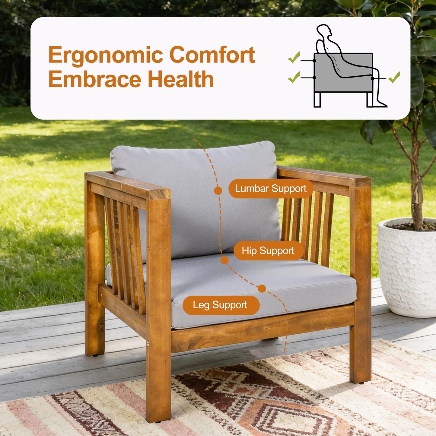 Outdoor Acacia Wood Club Chair with Modern Square Arms, Patio Chair with Thick Cushion, Adjustable Leveling Feet for Poolside, Backyard & Deck, Grey Cushion