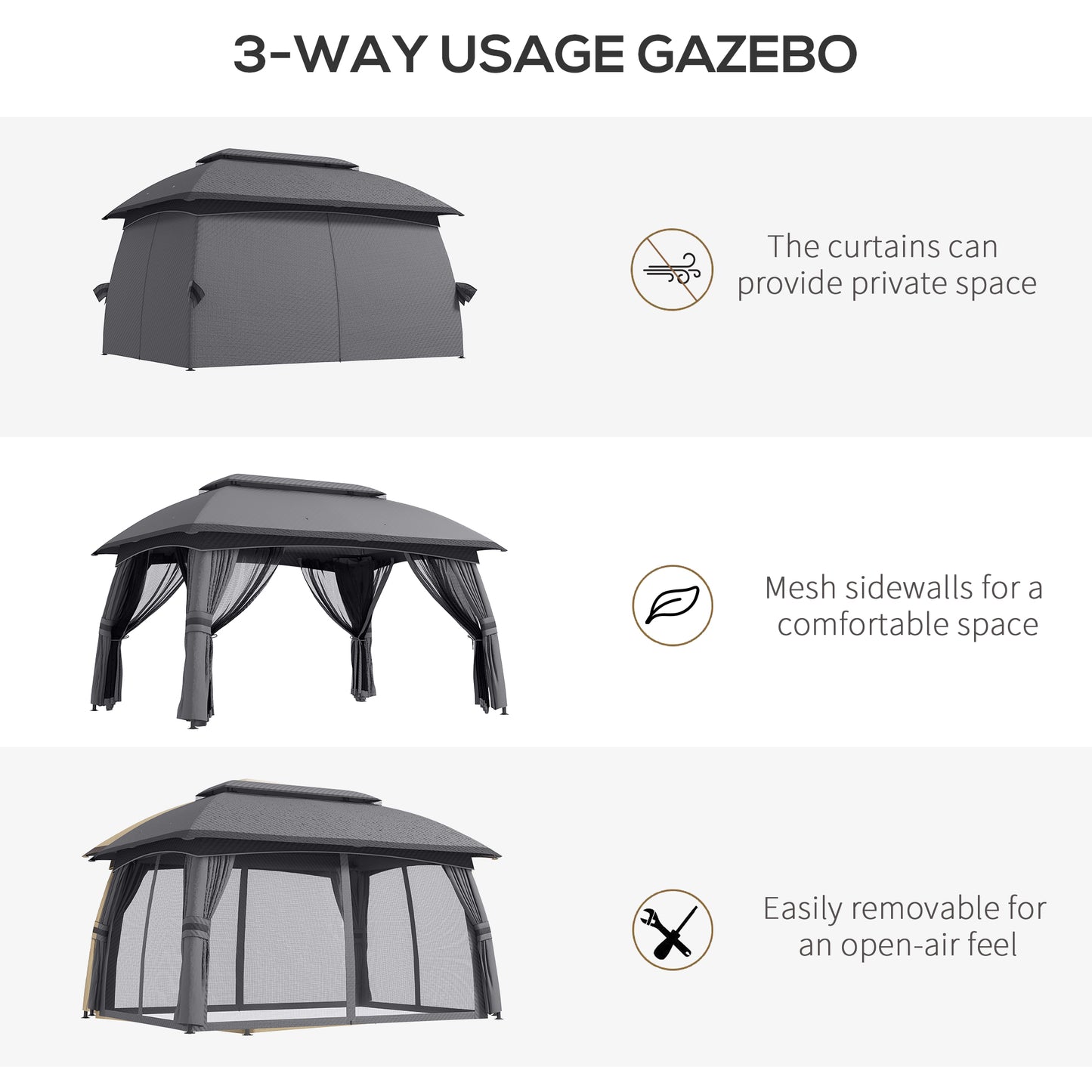 Outsunny 10' x 13' Patio Gazebo, Outdoor Gazebo Canopy Shelter with Netting, Vented Roof, Steel Frame for Garden, Lawn, Backyard, and Deck, Dark Gray