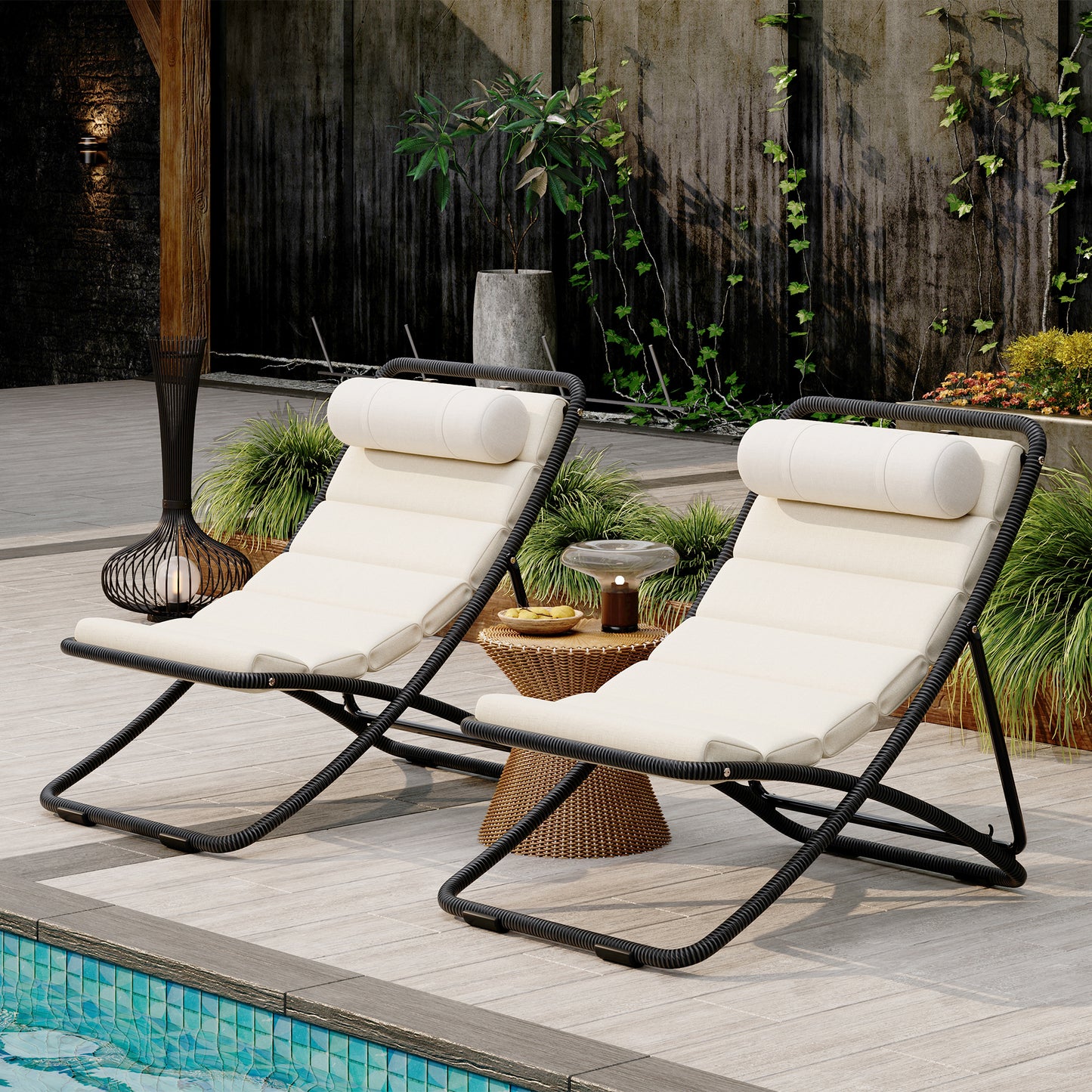 TREXM 2-Pieces Outdoor Folding Chair, Rattan-Wrapped Patio Chair with Adjustable Backrest, Thick Cushion, and Detachable Headrest ,for the Poolside, Beach, Backyard, Decck, and Camping (Black)