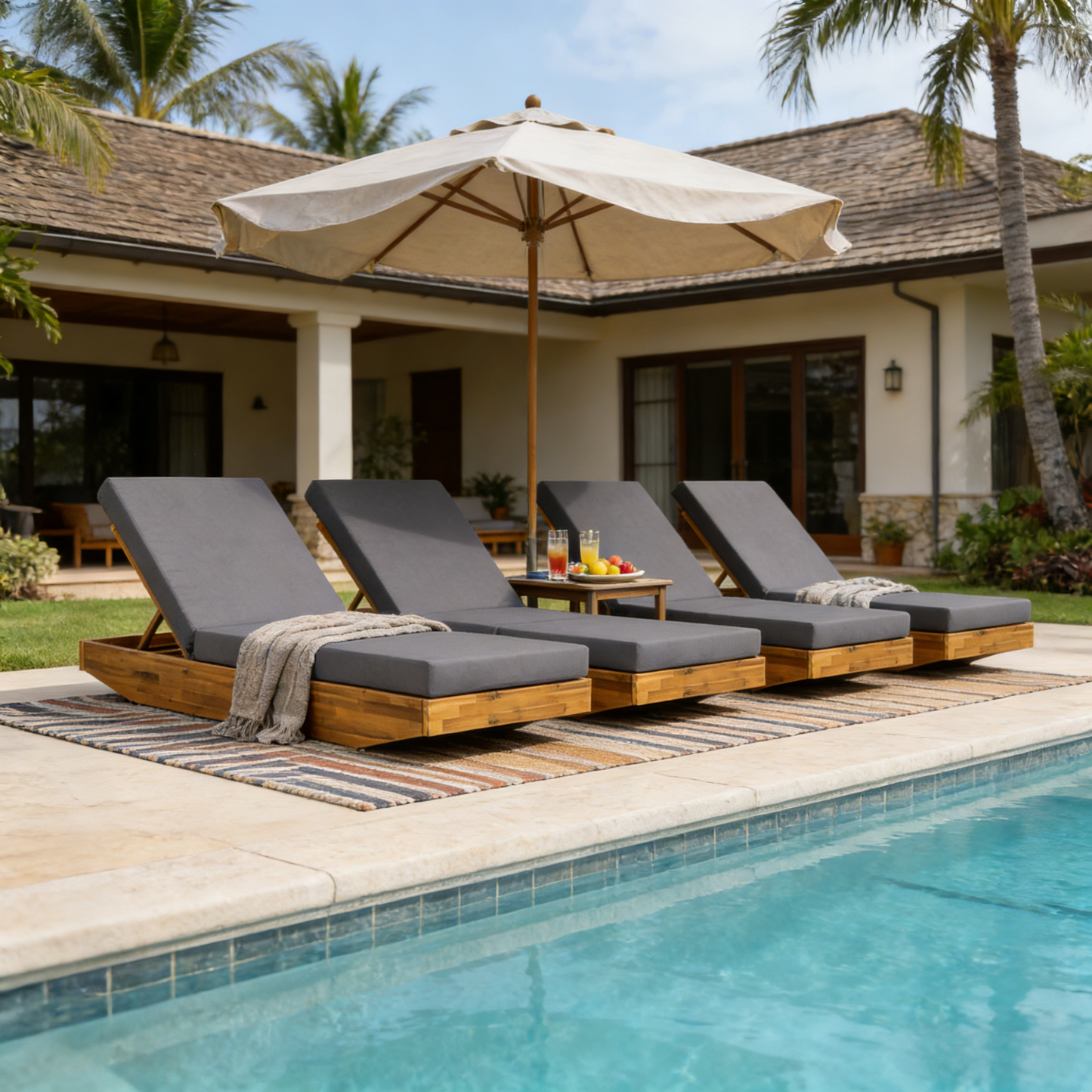 Acacia Wood Chaise Lounge with Cushion - Teak Finish Outdoor Recliner with Dark Grey 3-Fold Water-Repellent Cushion, 300lbs Capacity