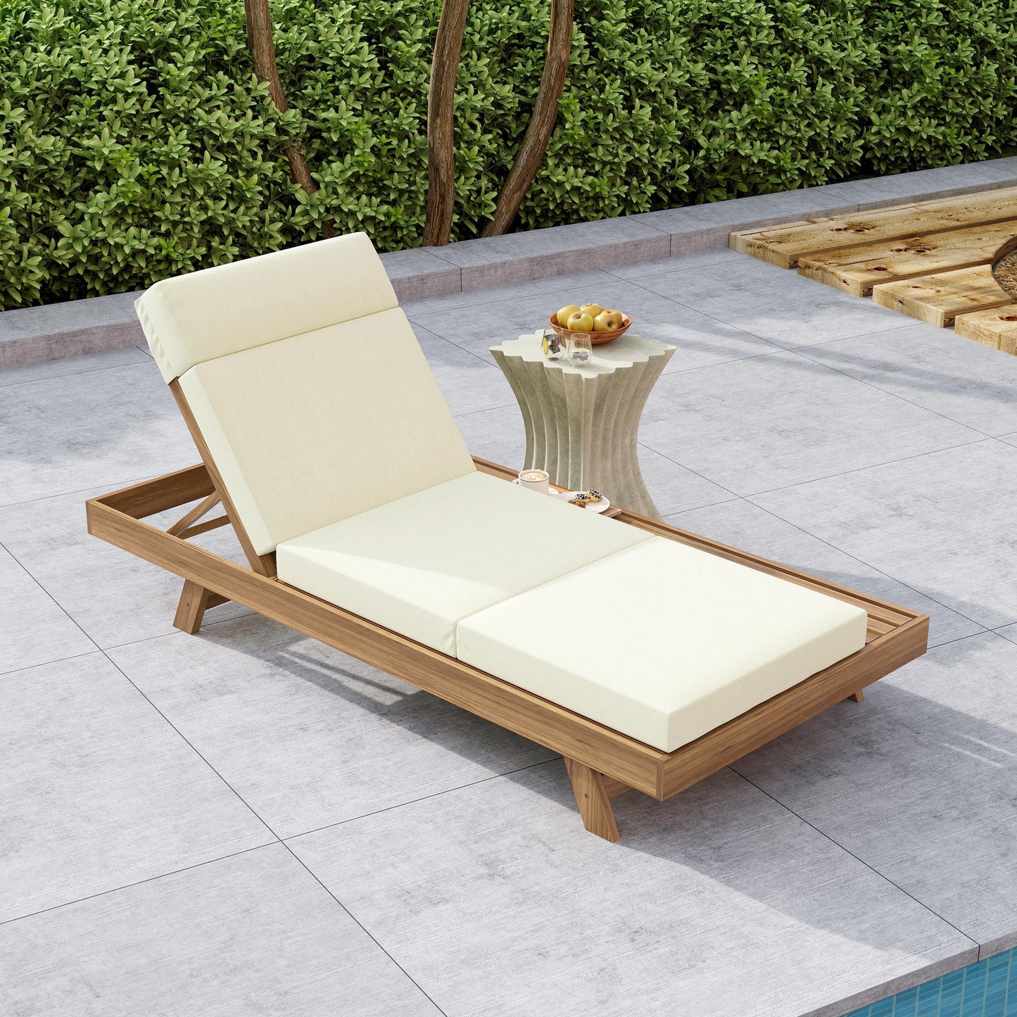 Lounge Chaise Set With Headrest, Space Available On One Side, Acacia Wood In light brown With Water-Resistant Lounge Cushions (Beige & 3-Fold & 4 Inch) – Matching Dark Grey/Cream Version Available