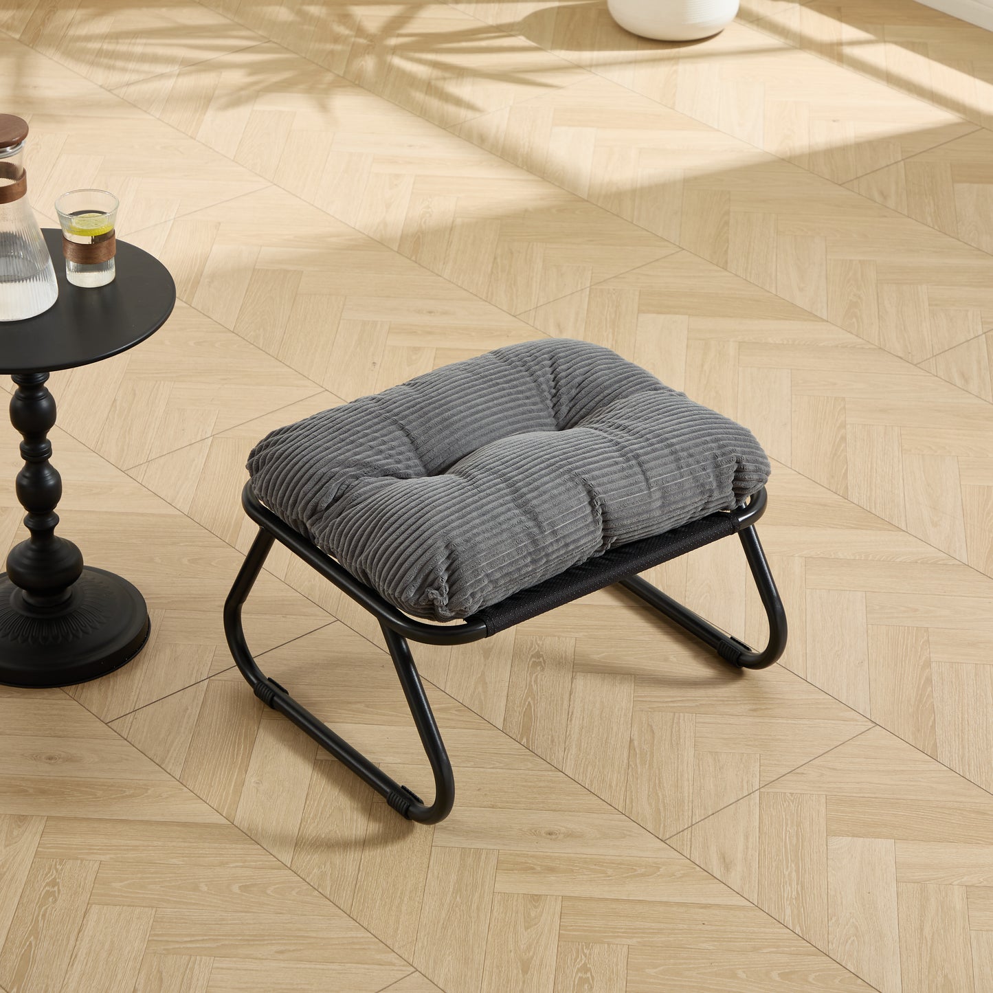 Patio Outdoor Lounge Chair with Ottoman, Comfy Sling Recliner Chair with Puffy Cushion and Foot Stool,   Ideal for Living Room, Bedroom, Reading Room, Black frame with grey cushion