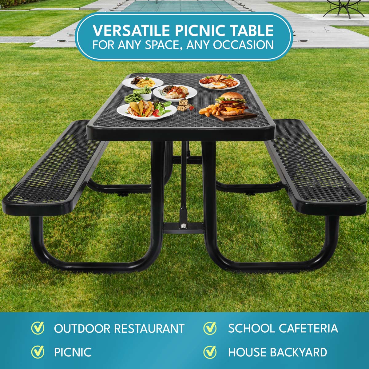 6 ft. Rectangular Outdoor Steel Picnic Table with umbrella pole in Black