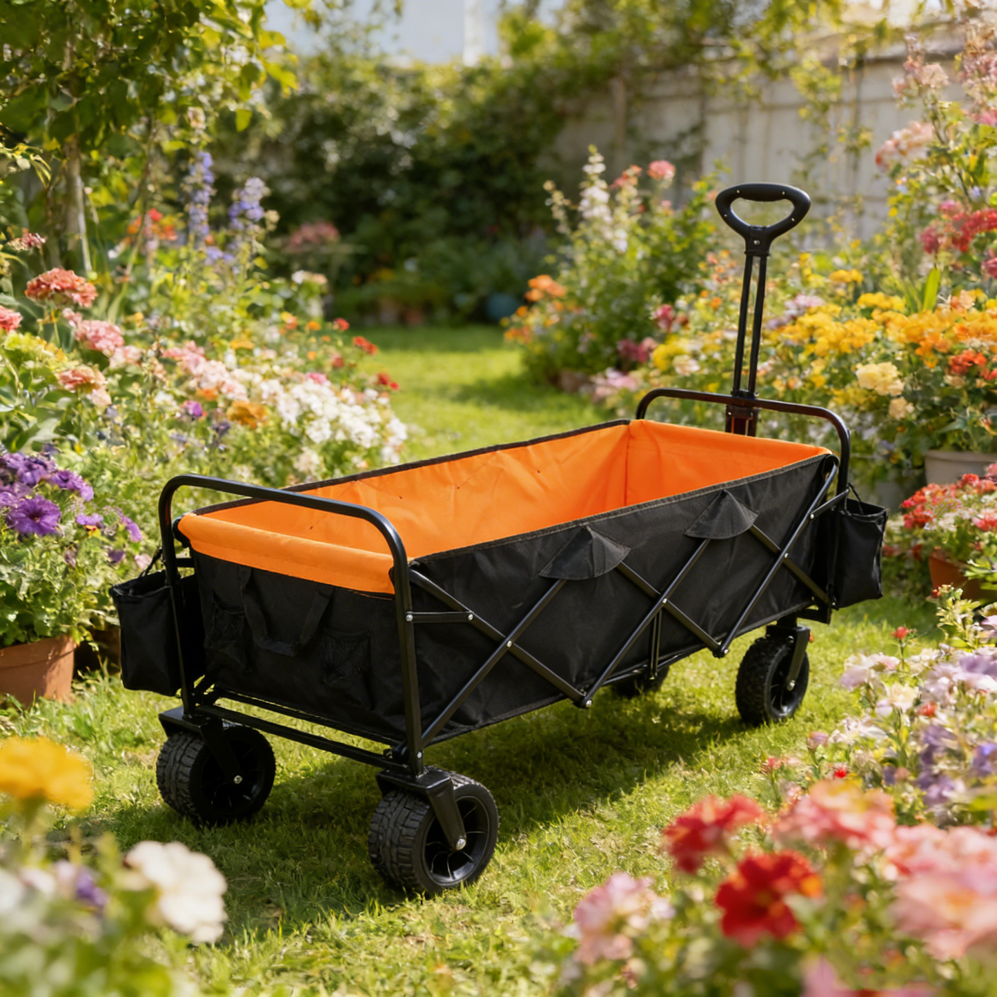 Big large capacity Folding cart Extra Long Extender Wagon Cart Folding Wagon Garden Shopping Beach Cart (black + orange)