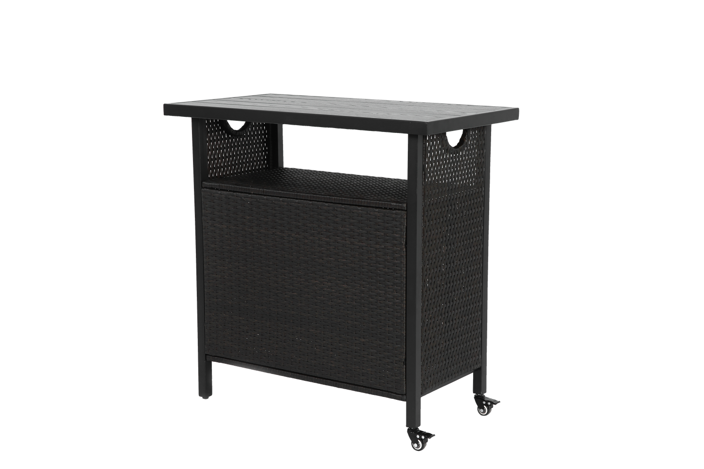 Outdoor Wicker Bar Cart, Patio Wine Serving Cart w/Wheels , Rolling Rattan Beverage Bar Counter Table for Porch Backyard Garden Poolside Party, Black