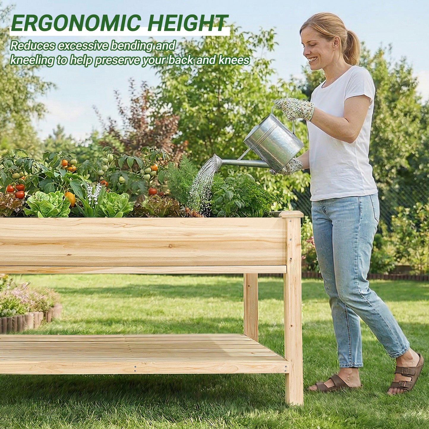 Raised Garden Bed 48x23x31.1-inch Elevated Wood Planter with Water Collection Tray, Storage Shelf, Protective Liner
