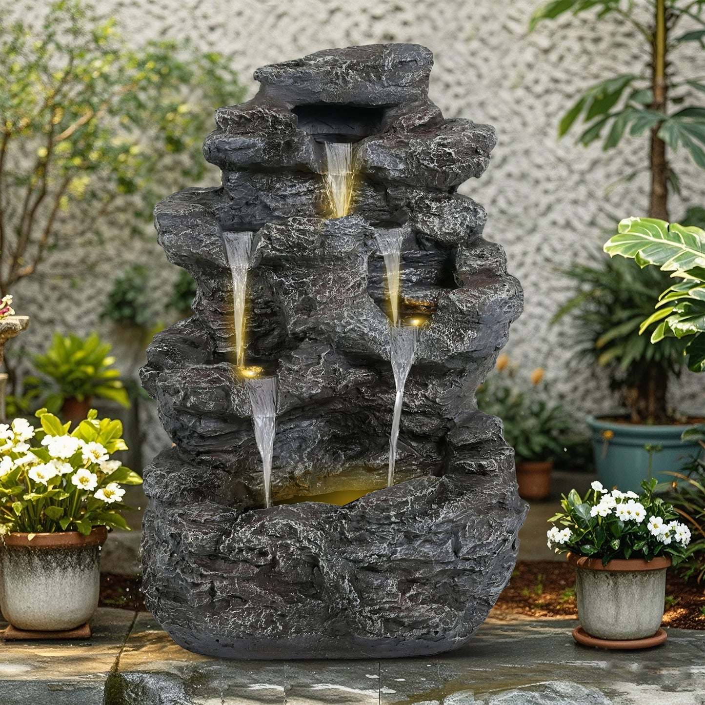 5-Tiered Concrete Tall Slim Fountain, 23.85"H –LED-Lit Column, Space-Saving Modern Outdoor Accent, All-Weather Resistant