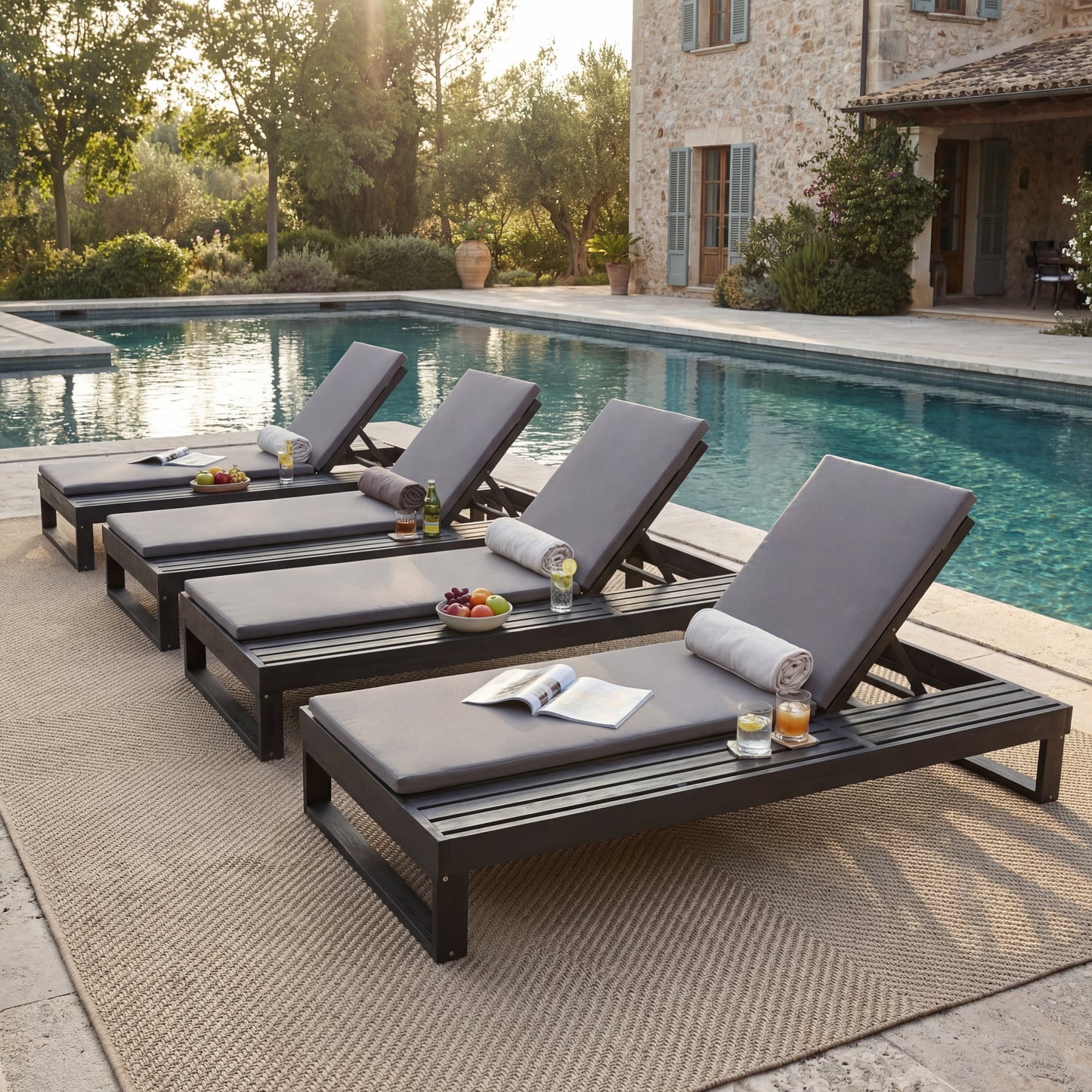 Black Acacia Wood Chaise Lounge with 1.57-Inch Dark Gray 2-Fold Cushion Set, 4-Position Adjustable with Flat Side Surface, for Poolside - Matching cream,leaf coconut version available