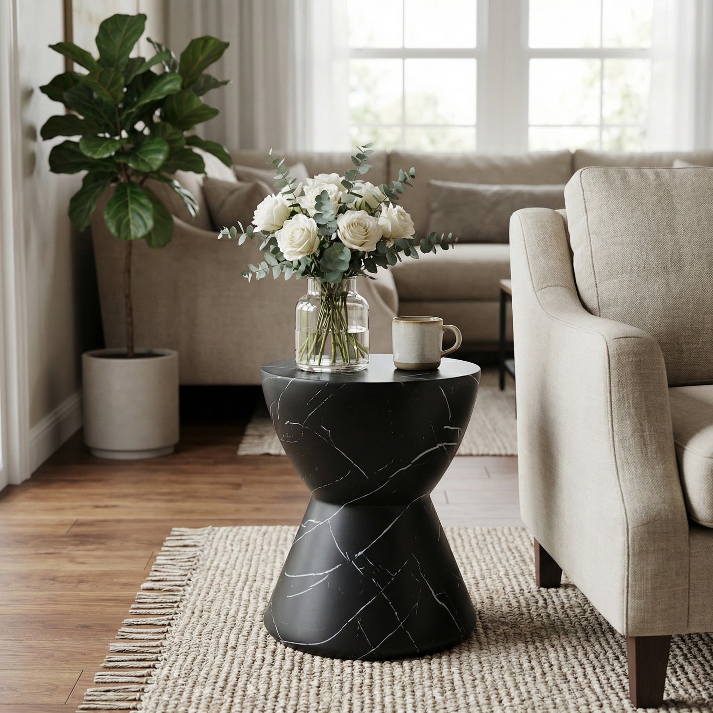 Outdoor Lightweight concrete MGO Side/End Table , Living Room Accent Table,Black Marble
