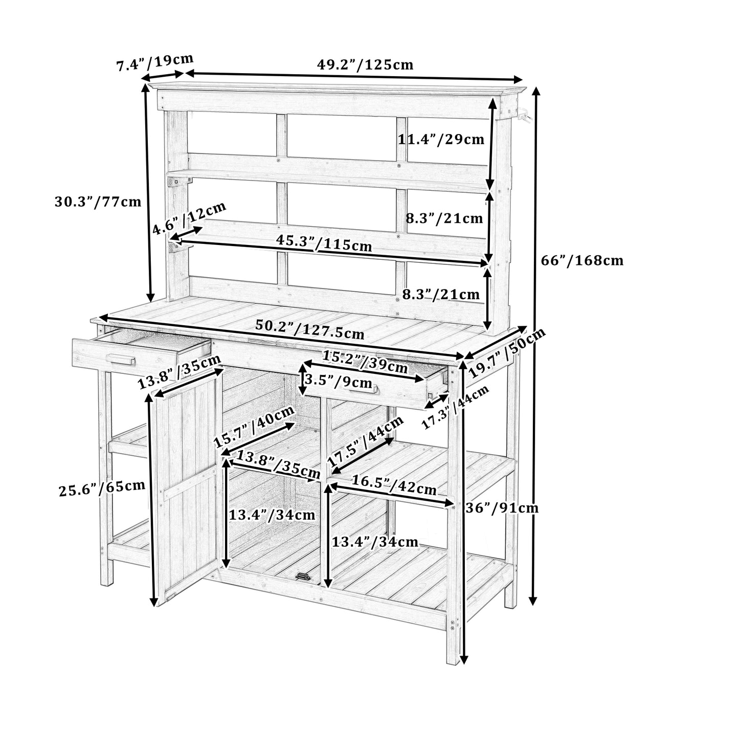 50 in. W x 66 in. H Brown Outdoor Farmhouse Fir Wood Garden Potting Bench Table with Drawers and Cabinet