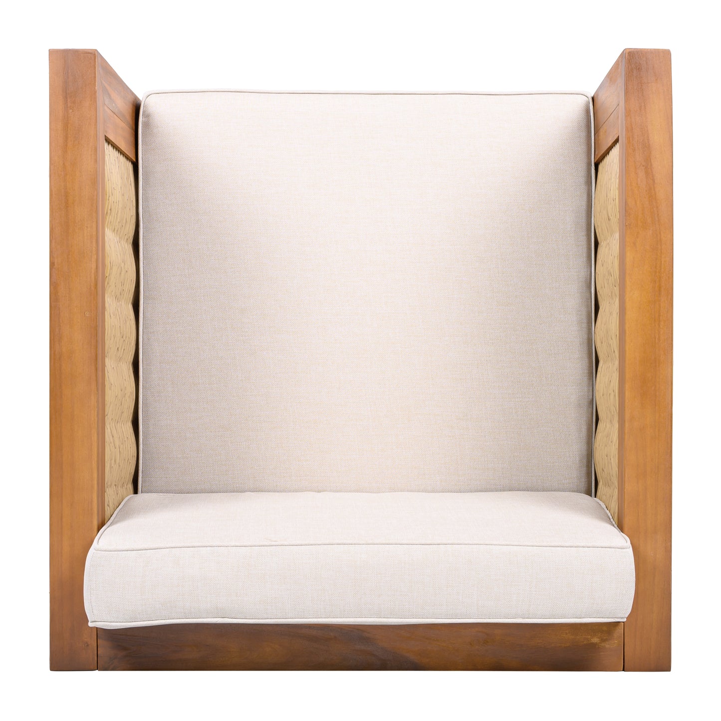 Acacia Wood Outdoor Club Chair with Wicker Armrest and Beige Cushions,400 lbs Capacity