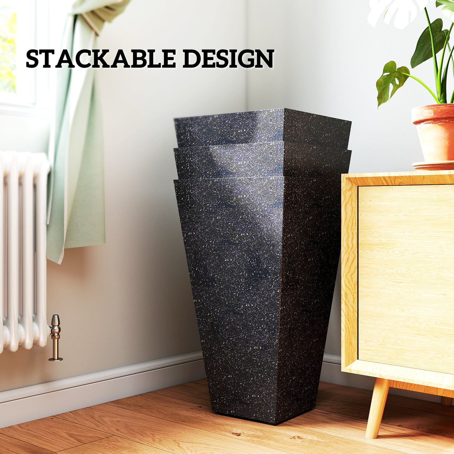 Outsunny 28" Tall Planters, Set of 3 Plastic Flower Pots with Marble Finish and Drainage Holes, Stackable Tapered Outdoor Planters, Black