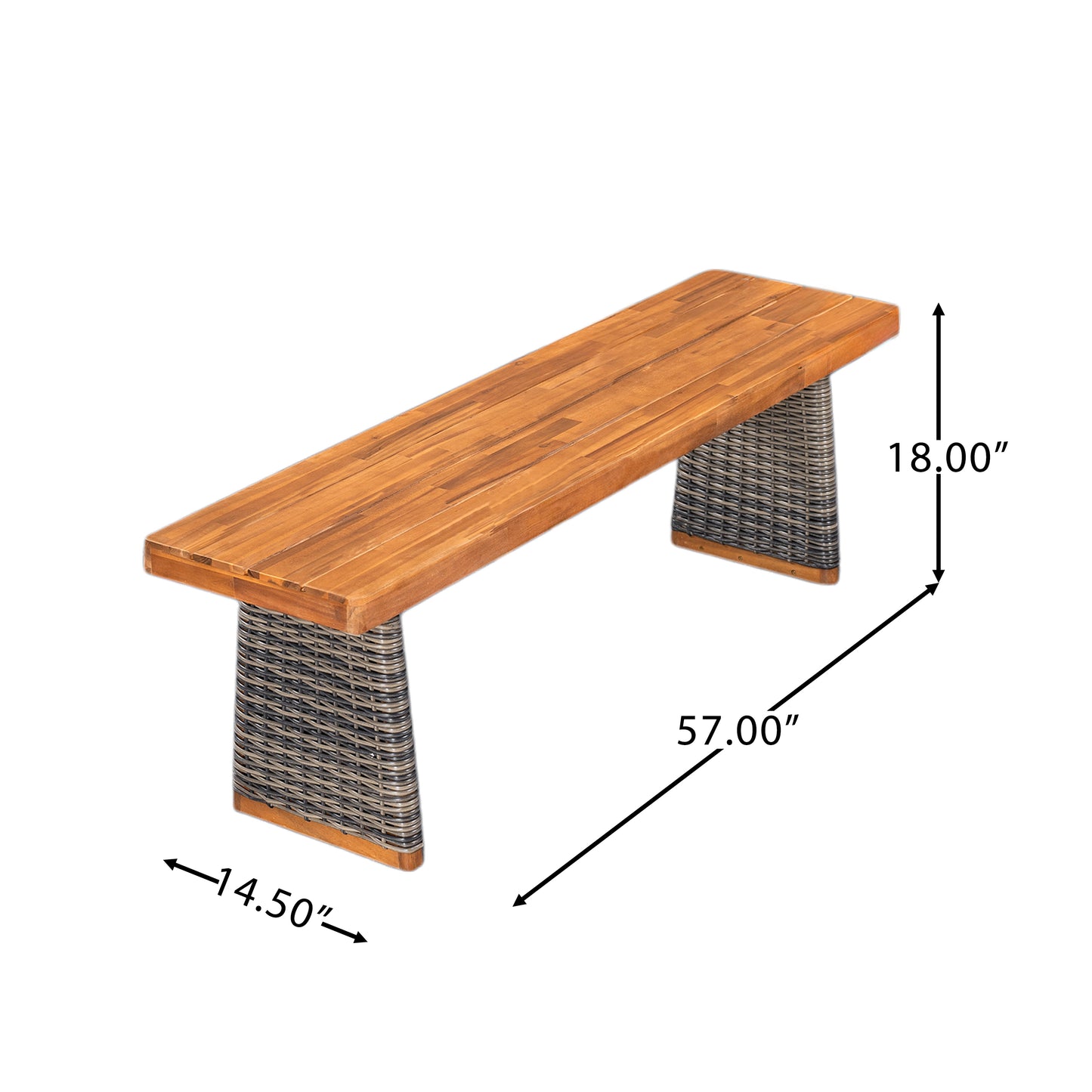 Outdoor Acacia Wood Bench(Set of 2),Teak Finish+ Grey Wicker