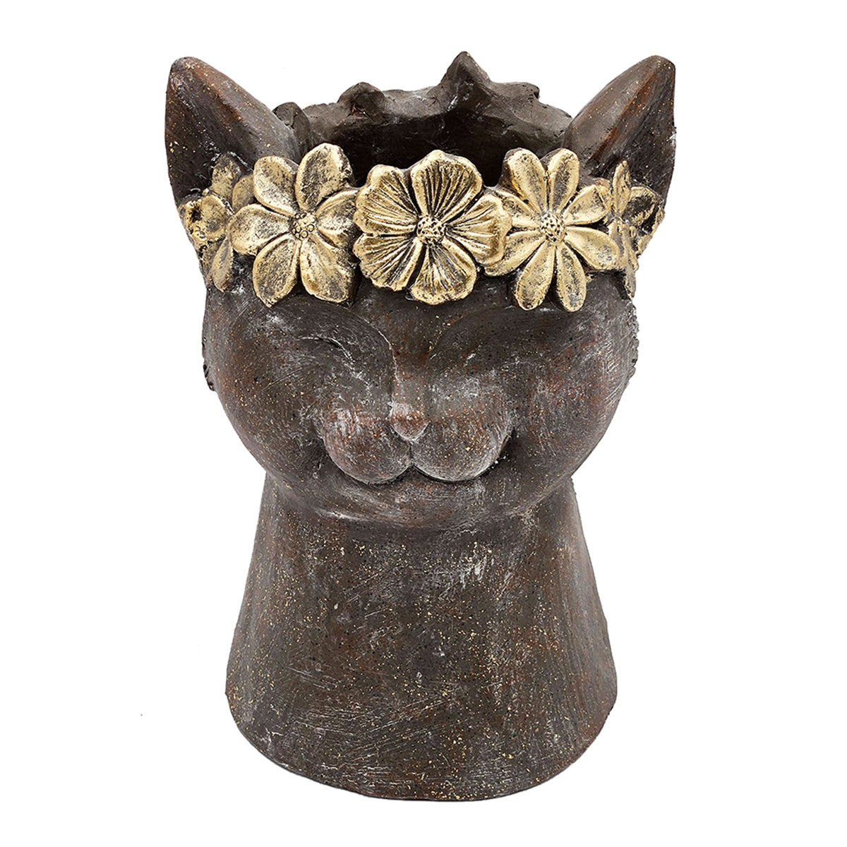 8.5x7.7x12.4" Magnesium Cat Statue Planter with Textured Brown Finish and Gold Leaf Crown