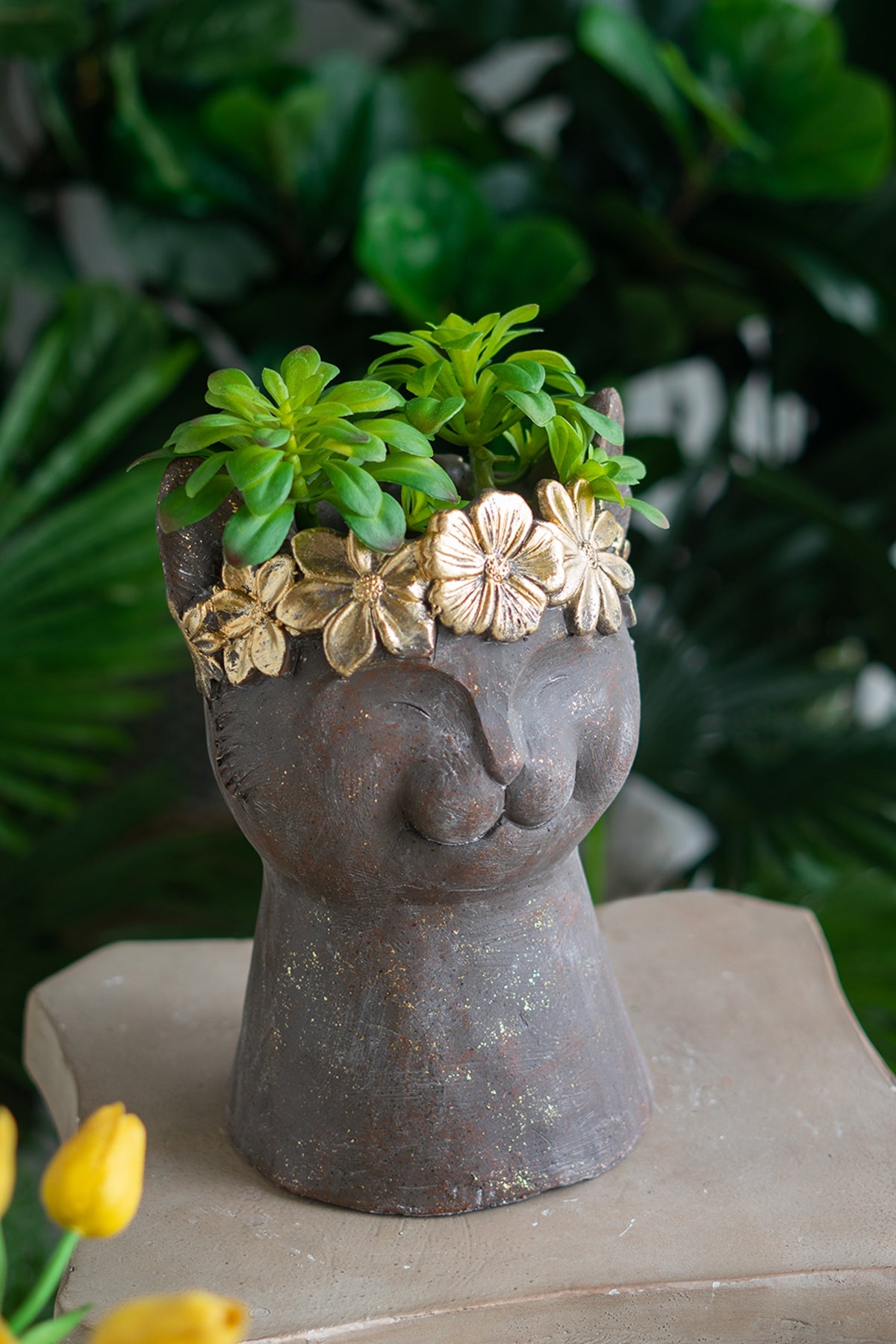 8.5x7.7x12.4" Magnesium Cat Statue Planter with Textured Brown Finish and Gold Leaf Crown