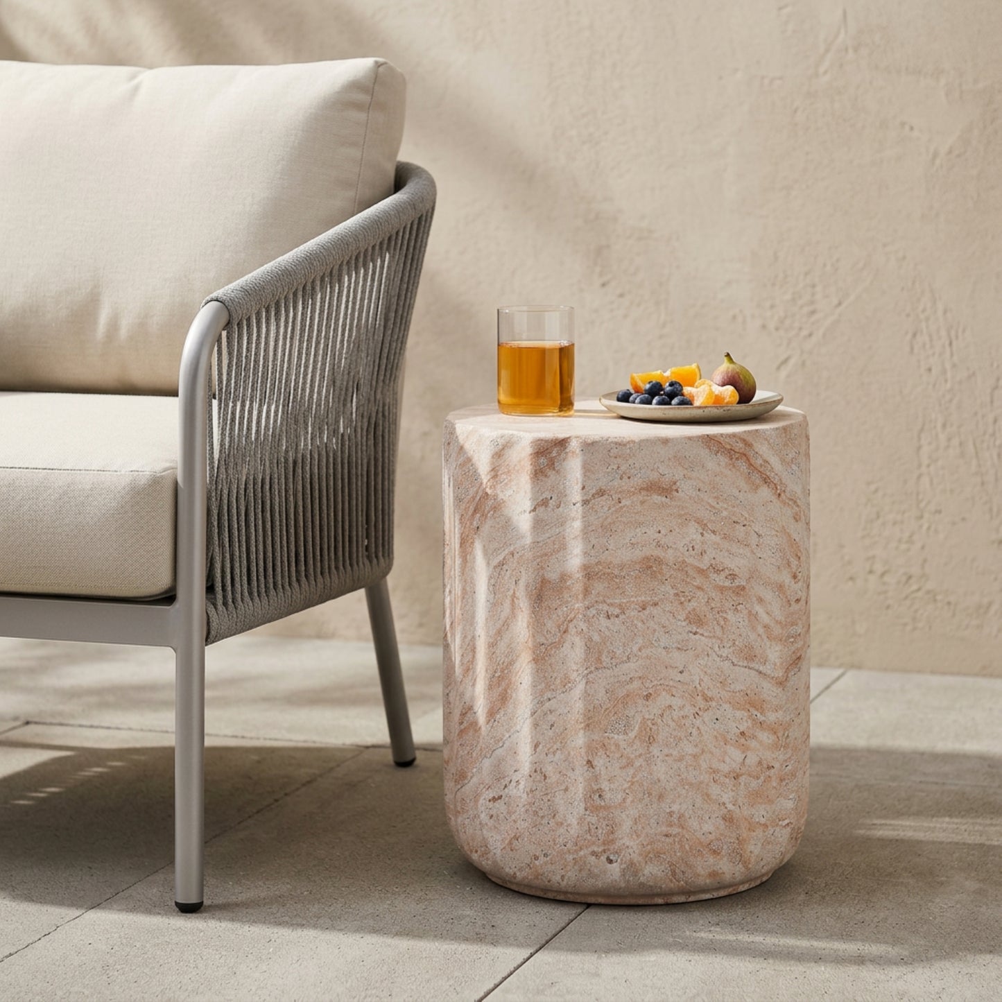 Outdoor/Indoor Lightweight Concrete Side Table,Cylinder Travertine Finish Accent Table