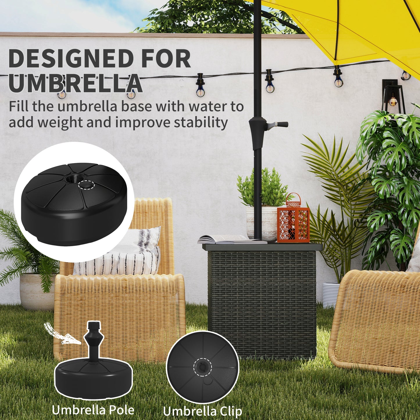 Outsunny All Weather Wicker Side Table with 1.5" Umbrella Hole, Square Outdoor End Table with UV-Resistant Frame, Storage Space for Patio, Mixed-Brown