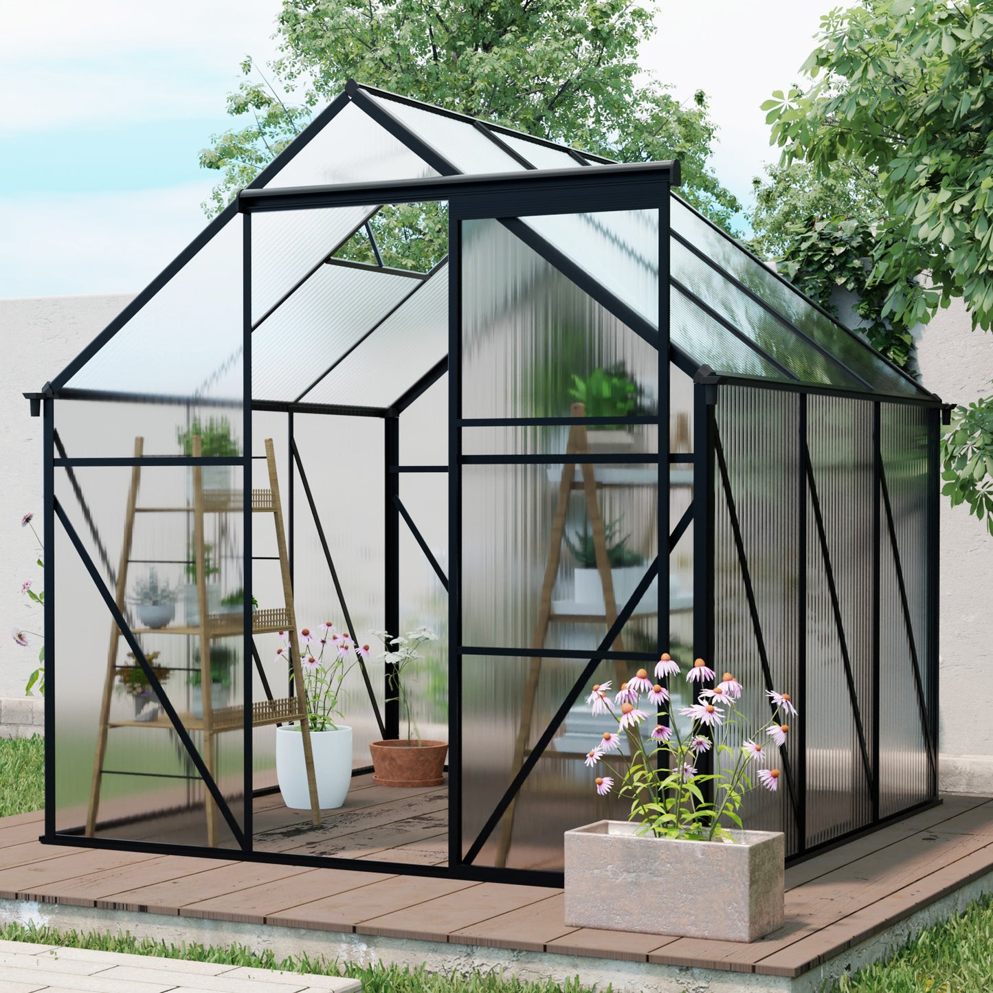 6X6FT-BLACK Polycarbonate Greenhouse Raised Base and Anchor Aluminum Heavy Duty Walk-in Greenhouses for Outdoor Backyard in All Season (W540S00002)