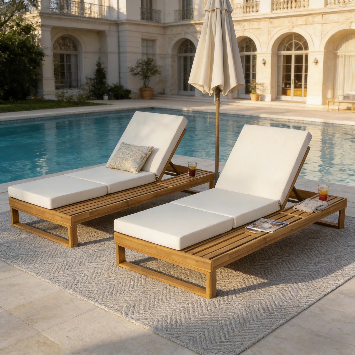 Teak Finish Acacia Wood Chaise Lounge with 4-Inch Cream 3-Fold Water-Resistant Cushion Set, 4-Position Adjustable Outdoor Patio Lounger with Flat Side Surface, for Poolside-Matching dark grey version