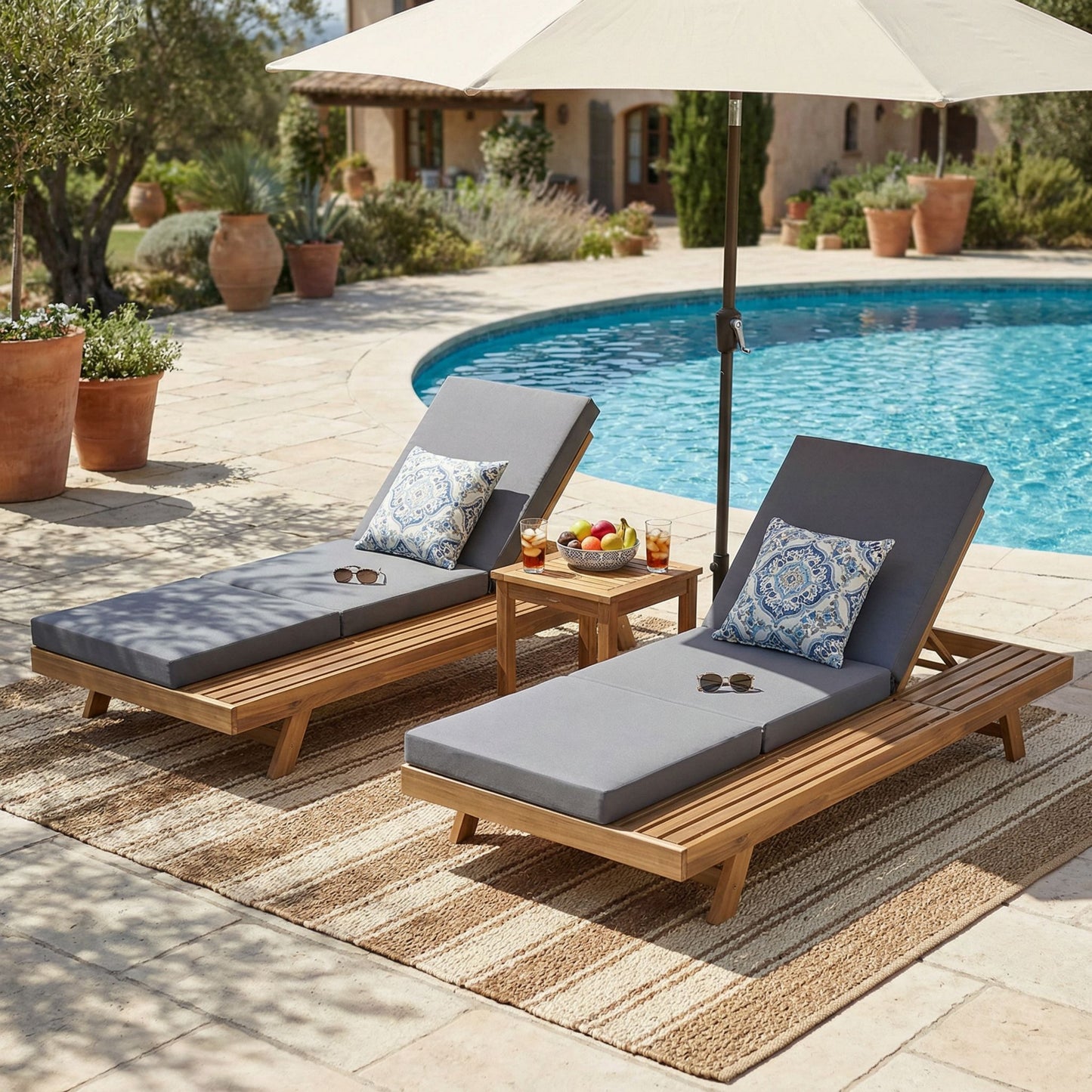 Lounge Chaise Set, Space Available On One Side, Acacia Solid Wood In light brown With Lounge Cushion (Dark Grey & Triple Fold) – Matching Cream Version Available