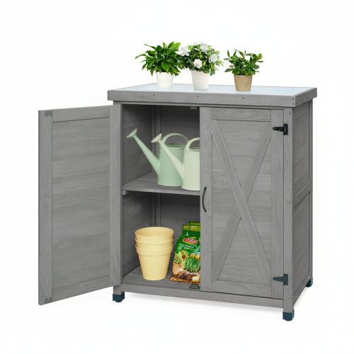 Grey Cedar Wood and Metal 220 lbs. Capacity Potting Bench with Storage Cabinet and X-Brace Design
Questions & An