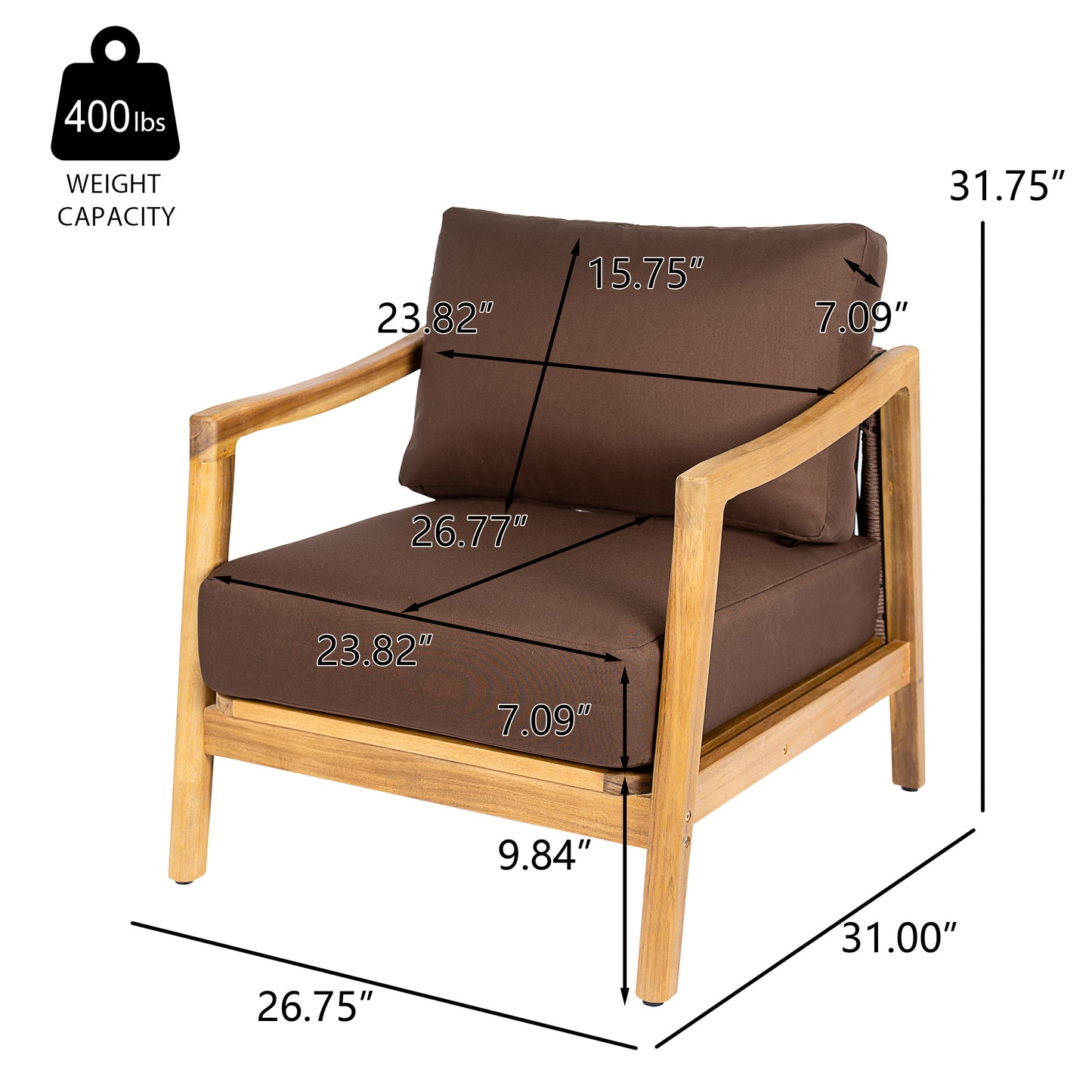 Outdoor Club Chair , Acacia Wood Frame with Rope Back Detail, Water-Repellent Brown Cushions for Patio/Backyard/Deck