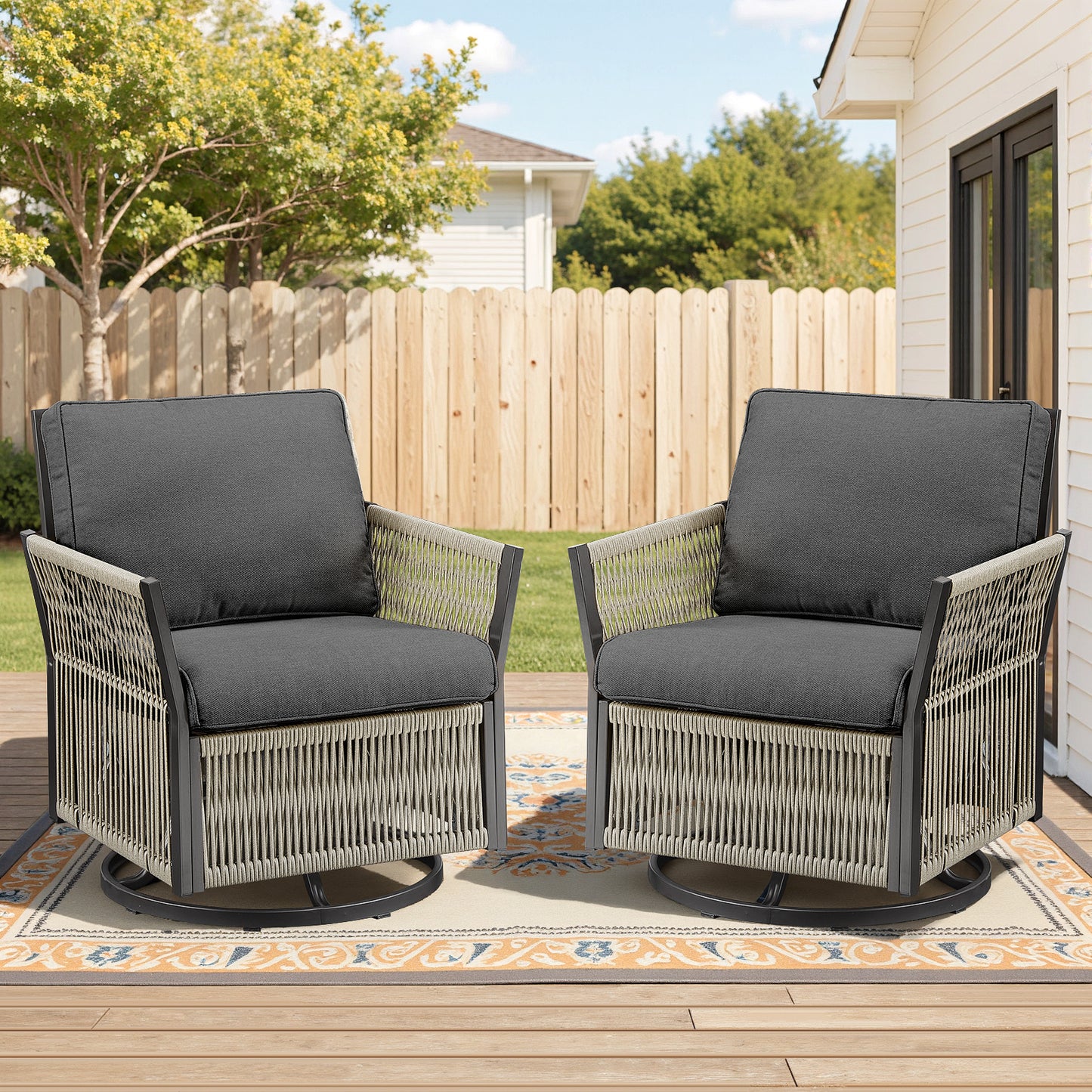 Outdoor Swivel Rocker Patio Chairs Set of 2, Wicker Furniture Swivel Patio Chairs Ideal for Porch, Poolside, Deck, and Yard in Gray