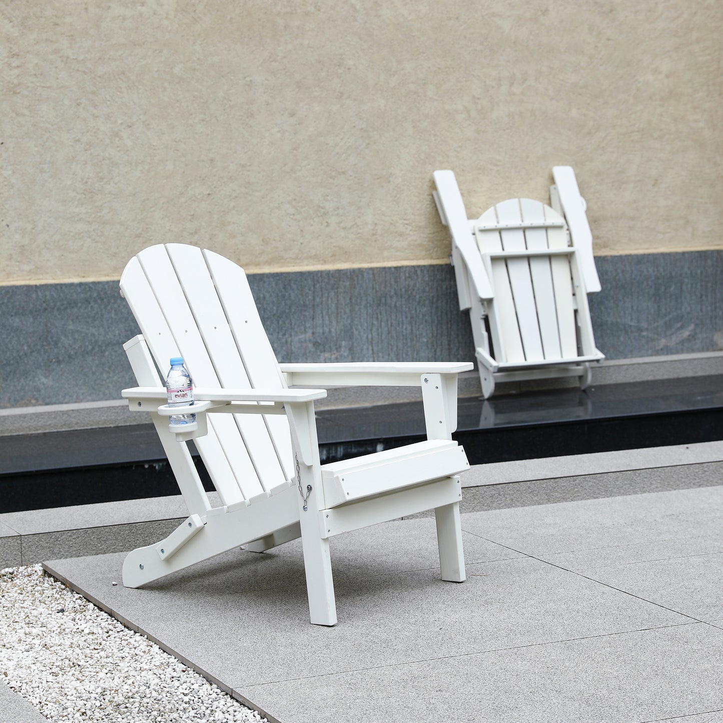 HDPE Folding Adirondack Chair with Dual Cup Holder - Composite Adirondack Chair with Wood Texture- White