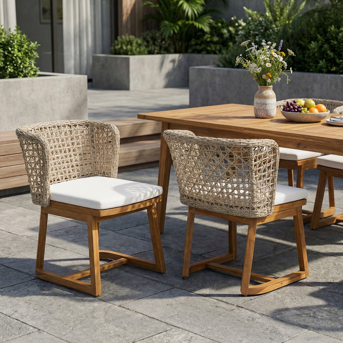 Outdoor Acacia Wood Dining Chairs (Set of 2), Teak Finish Patio Chairs with Beige Cushion & Multi Light Brown Wicker Back, Weather Resistant Side Chairs for Garden, Backyard, Patio