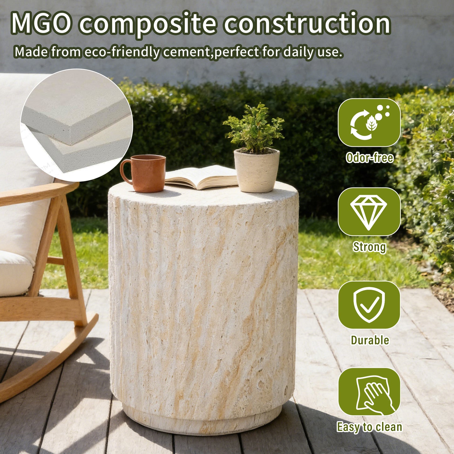 U_Style COSIEST Outdoor Side Table, Cylinder Shaped MgO Patio End Table, Lightweight Accent Table with Wave Design, Round Plant Stand Tool for Garden And Balcony