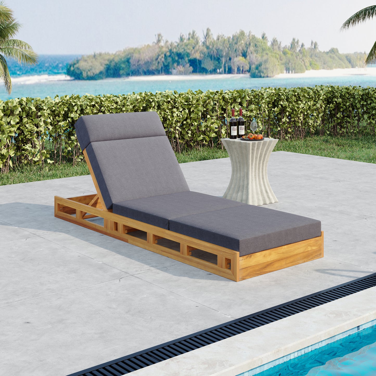 LOUNGE CHAISE SET WITH HEADREST, ACACIA WOOD WITH WATER-RESISTANT LOUNGE CUSHIONS (DARK GREY & 3-FOLD & 4 inch) - MATCHING CREAM/BEIGE VERSION AVAILABLE