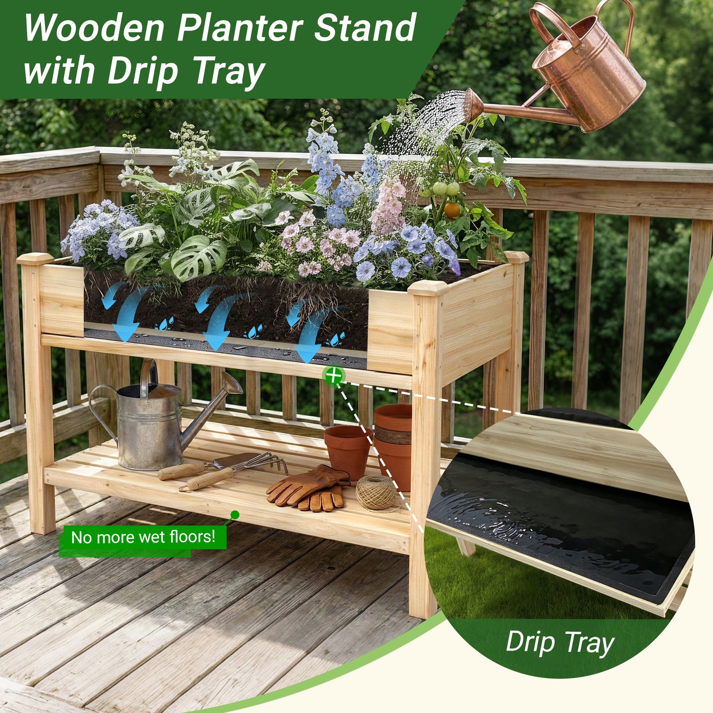 Raised Garden Bed 48x23x31.1-inch Elevated Wood Planter with Water Collection Tray, Storage Shelf, Protective Liner