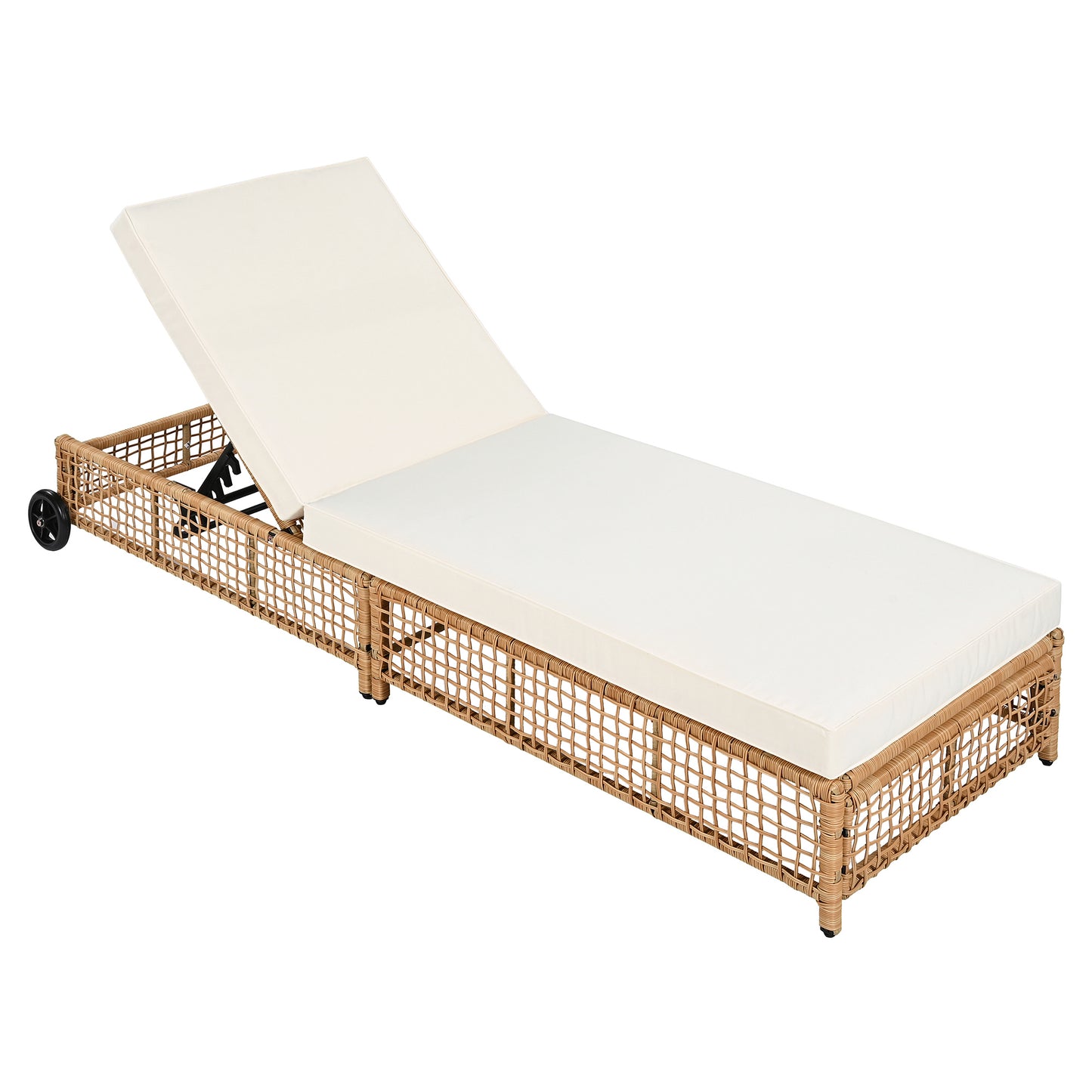 TREXM Outdoor Lounge Chair Set of 2, Patio Chaise Lounge with 5-Position Backrest, Rattan Outdoor Lounge Chair with Cushion and Wheels for Poolside, Backyard, Garden (Natural+Beige)