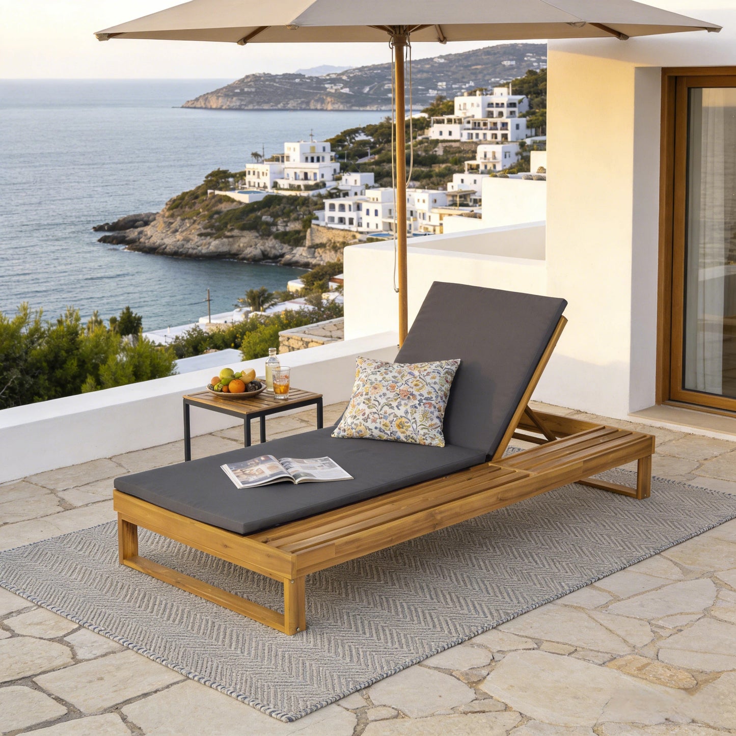 Teak Finish Acacia Wood Chaise Lounge with 1.57-Inch Dark Gray 2-Fold Cushion Set, 4-Position Adjustable with Flat Side Surface, for Poolside - Matching cream,leaf coconut version available