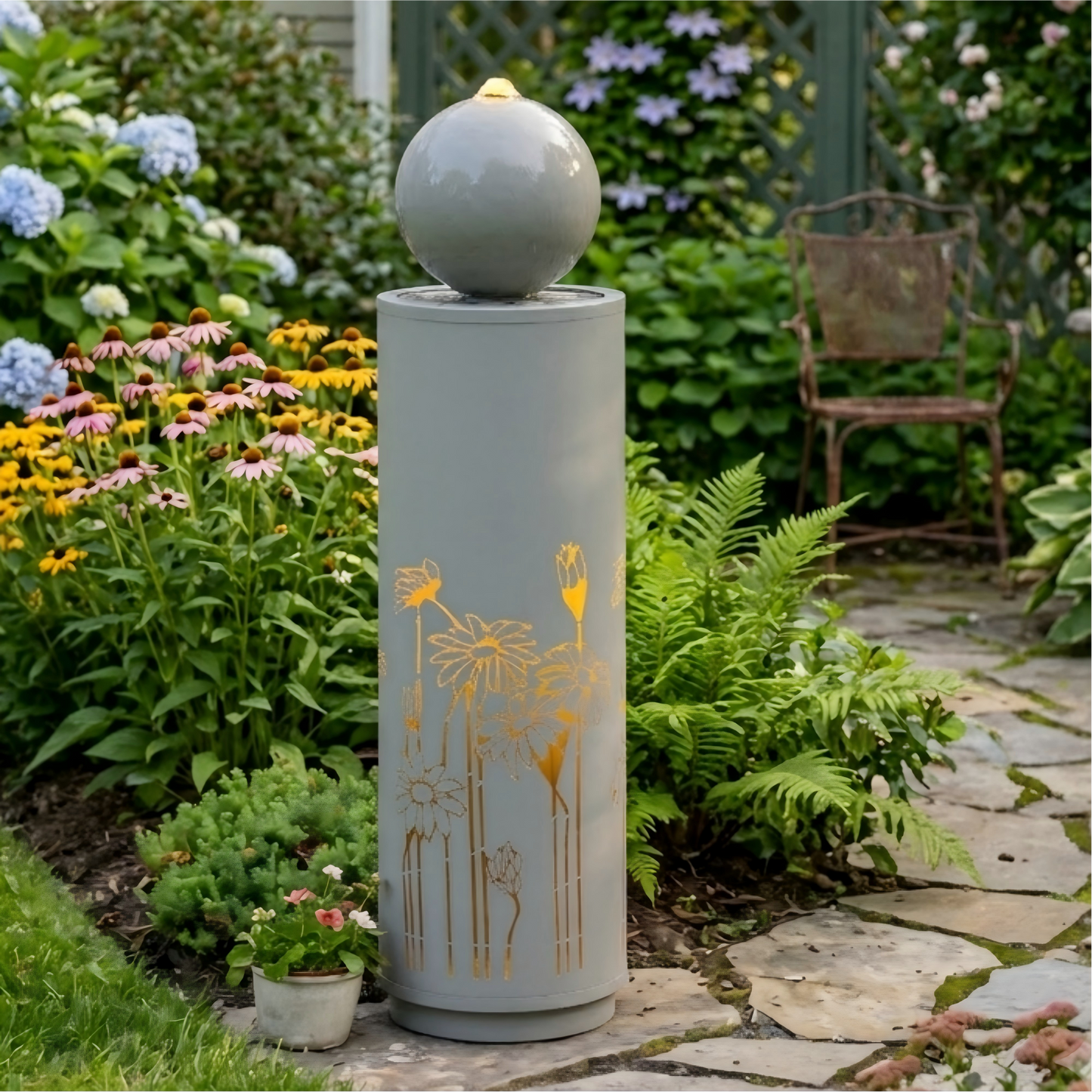 34.25"H Light Gray Metal Cutout Outdoor Water Fountain with LED Lights, Modern Freestanding Sphere-Top Water Feature for Patio Garden Backyard Decor