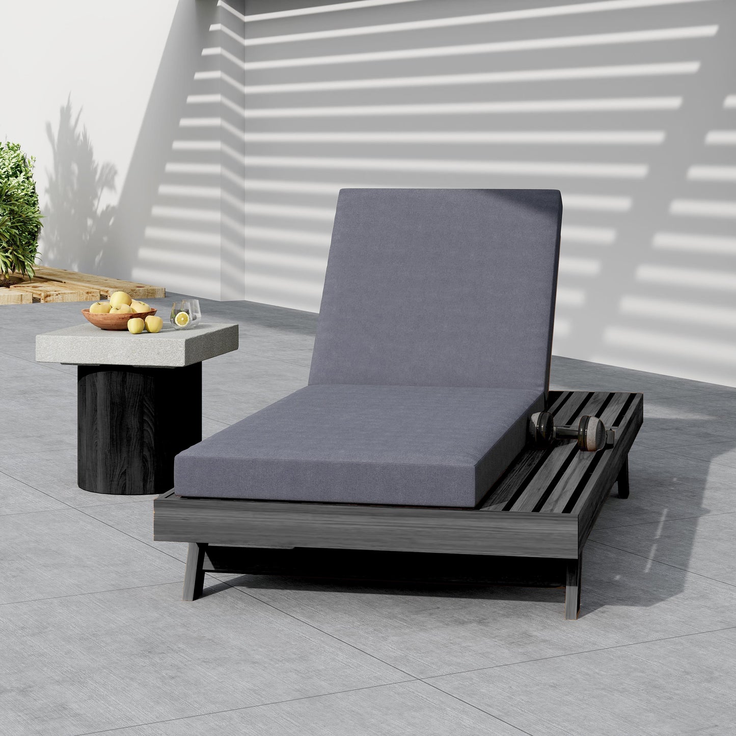 Lounge Chaise Set, Space Available On One Side, Acacia Wood In Black With Water-Resistant Lounge Cushions (Dark Grey & 4 Inch Thick) – Matching Cream Version Available