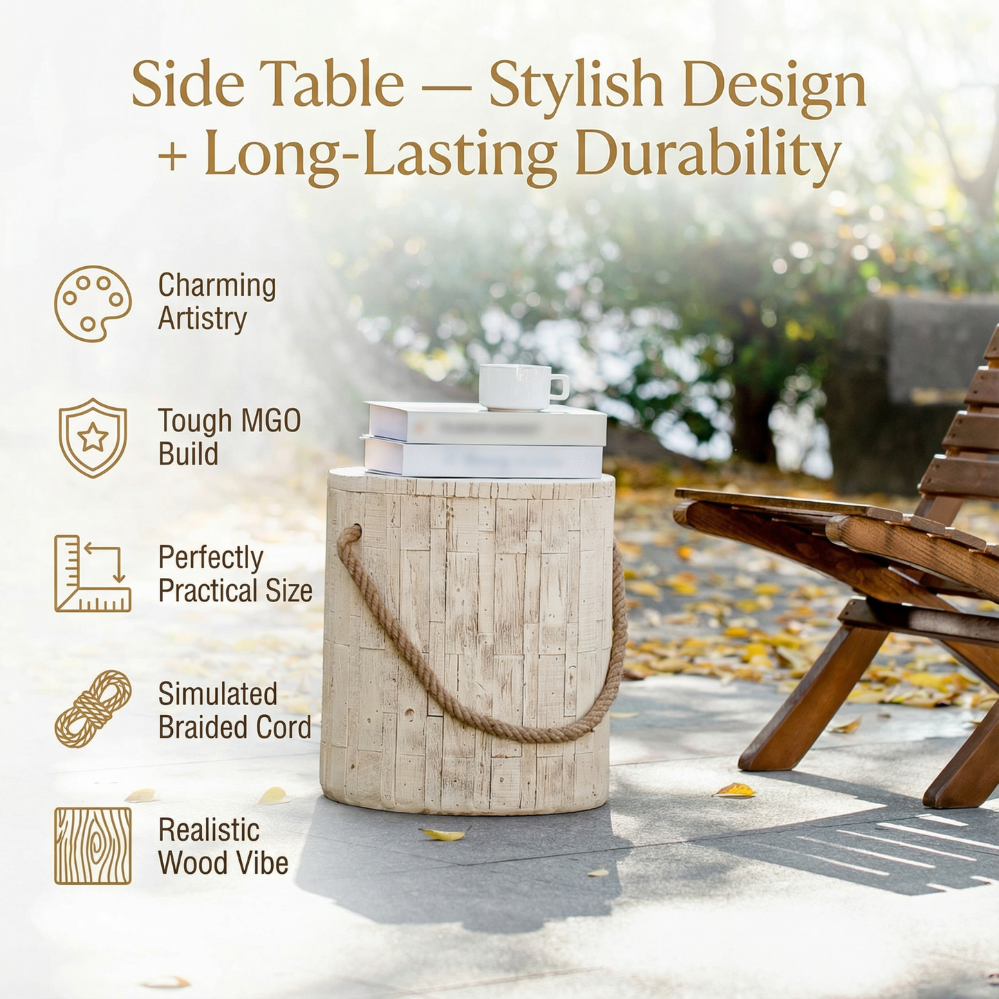 Outdoor Wood Grain Rustic MGO Side Table with Realistic Wood Vibe & Simulated Braided Cord – Indoor End Table for Home, Office, Living Room & Outdoor Decor