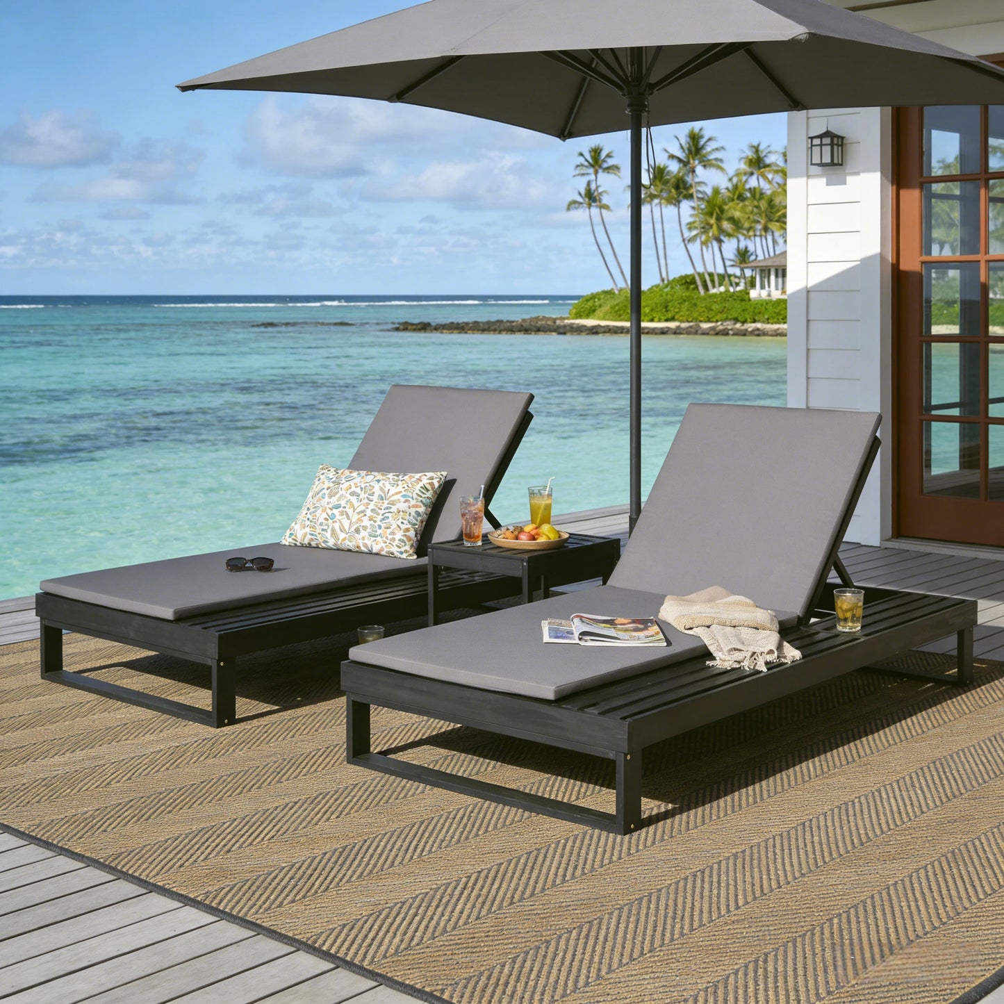 Black Acacia Wood Chaise Lounge with 1.57-Inch Dark Gray 2-Fold Cushion Set, 4-Position Adjustable with Flat Side Surface, for Poolside - Matching cream,leaf coconut version available