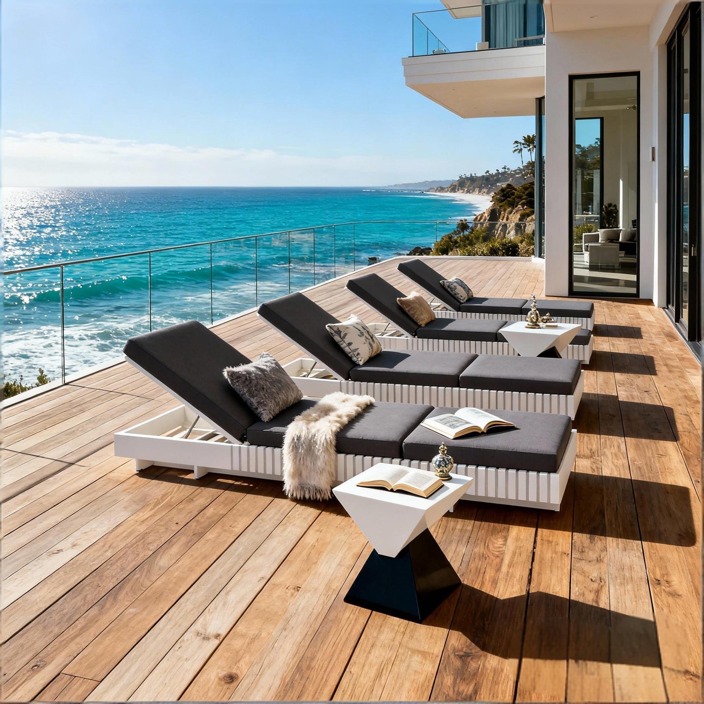 White Acacia Solid Wood Outdoor Chaise Lounge with  Dark Grey 3-Fold Water-Repellent Cushion, 400lbs Capacity,  Modern Patio Sun Lounger for Garden, Poolside