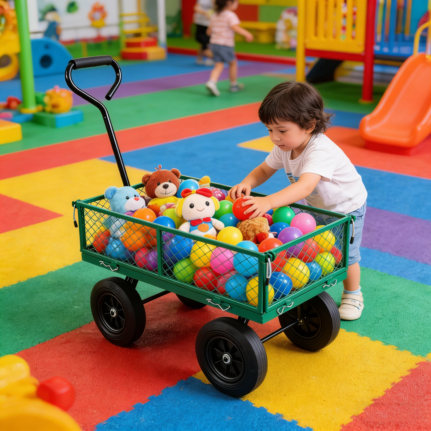 (Green solid wheels wagon cart) Solid wheels Tools cart Wagon Cart Garden cart trucks  make it easier to transport firewood