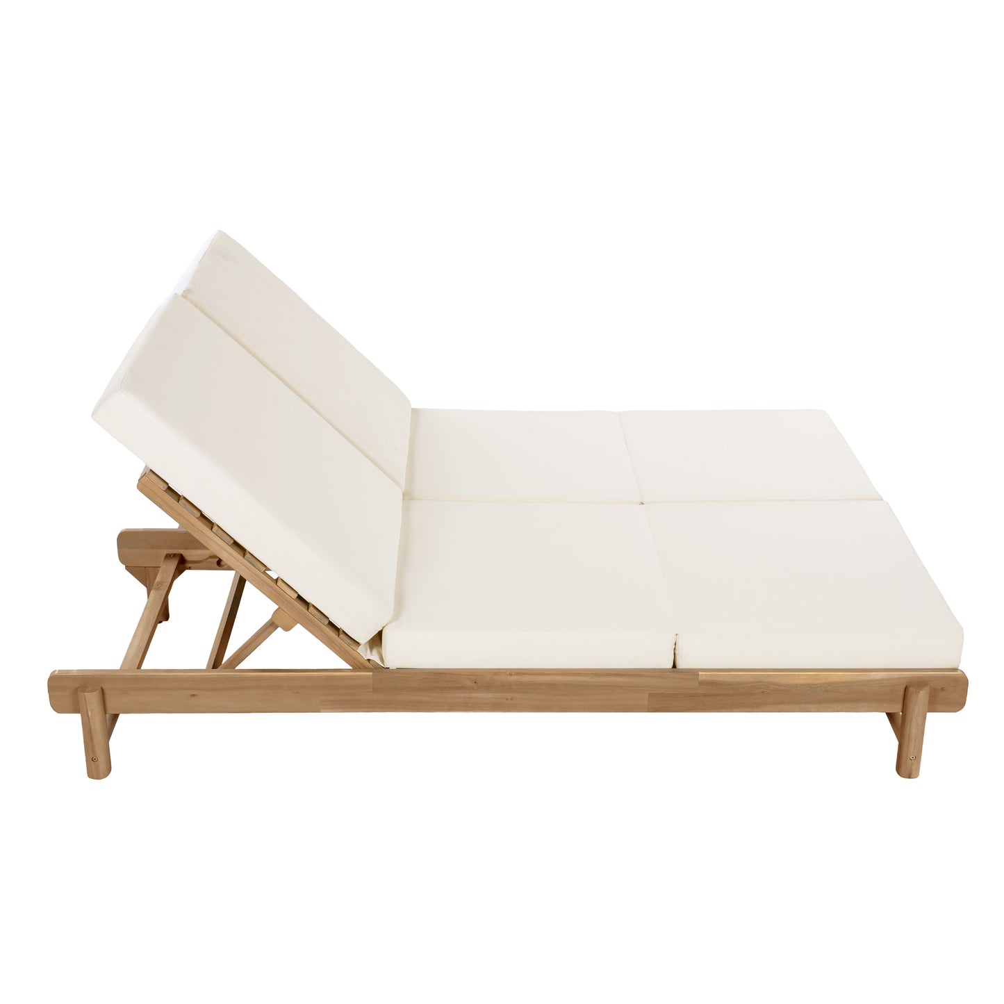 Light Teak Acacia Wood Double Chaise Lounger Set: 1 Frame + 2 Cream Cushions, 800 lbs Capacity, 3-Position Adjustable Backrest, 4" Thick 3-Fold Water-Resistant Cushions for Patio Poolside Backyard