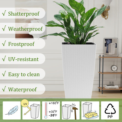Outdoor Modern Faux Rattan Design Square Planter, Plastic Large Planter With Automatic Watering System For Home And Garden