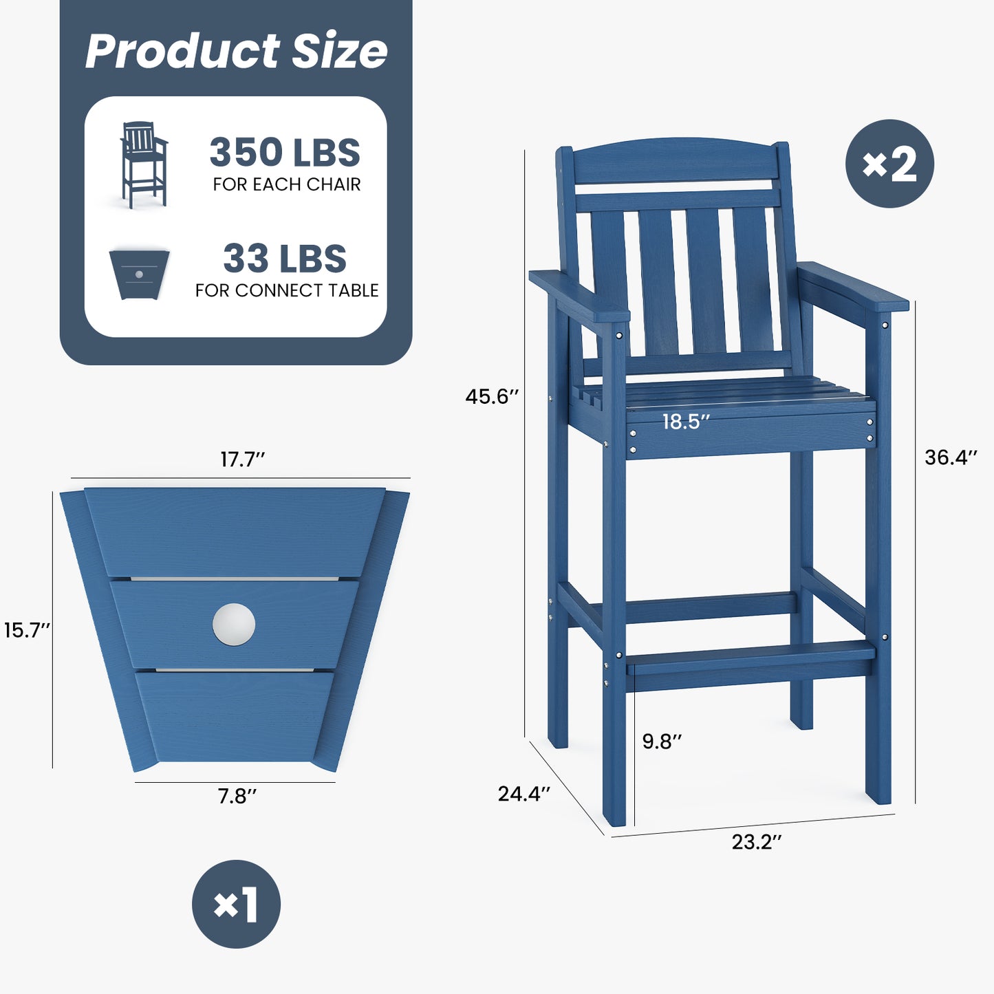Tall Adirondack Chairs Set of 2, HDPE Adirondack Bar Stools with Connecting Tray, Bar Height Adirondack Chair Patio Barstool, Ideal All Weather Tall Patio Chair for Balcony, Poolside, Backyard