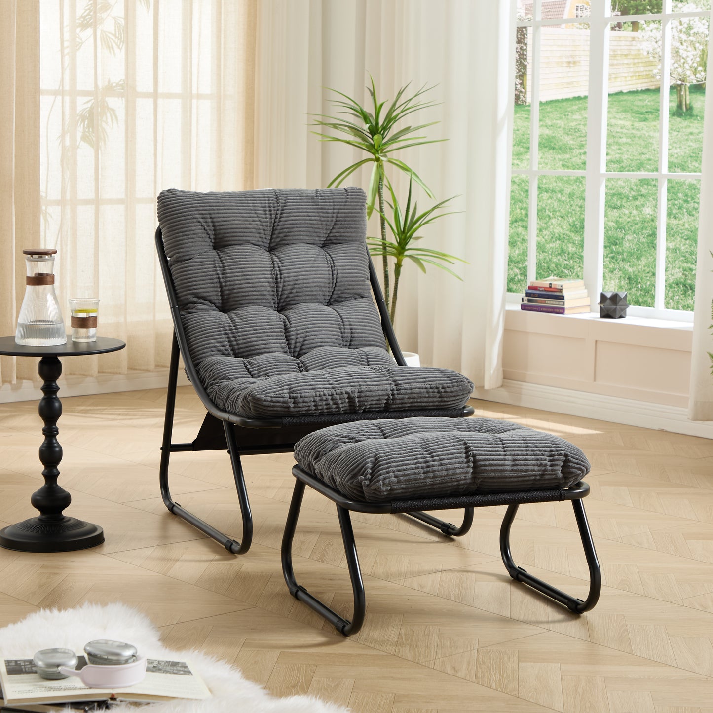 Patio Outdoor Lounge Chair with Ottoman, Comfy Sling Recliner Chair with Puffy Cushion and Foot Stool,   Ideal for Living Room, Bedroom, Reading Room, Black frame with grey cushion