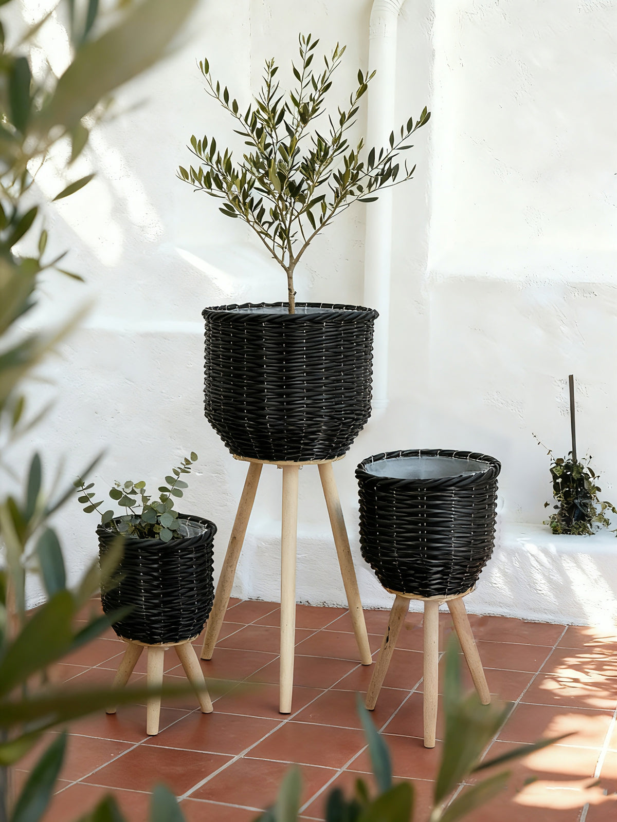 Set of 3 Black Poly Rattan Baskets with Rope Texture and Tapered Wooden Legs, L:12x12x23.5" M:10x10x17.5" S:8x8x13.5"