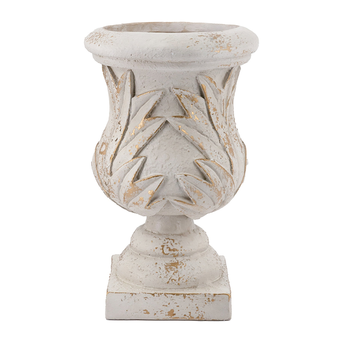 10.2x10.2x16.9" Ornate Magnesium Urn Planter with Antique White Finish and Carved Leaf Details