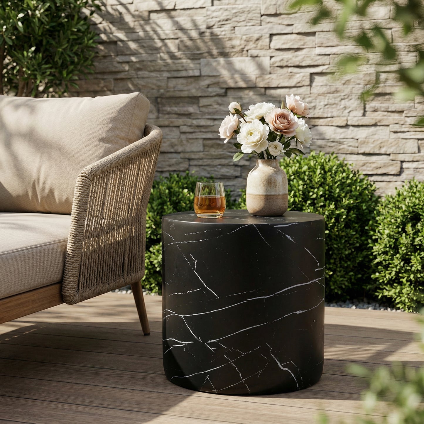 Outdoor Lightweight concrete MGO Side/End Table , Living Room Accent Table,Black Marble