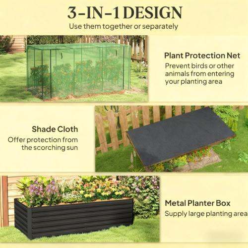 90.25 in. x 43.25 in. Galvanized Steel Raised Garden Bed with Crop Cage, Shade Cloth and Zippered Doors
